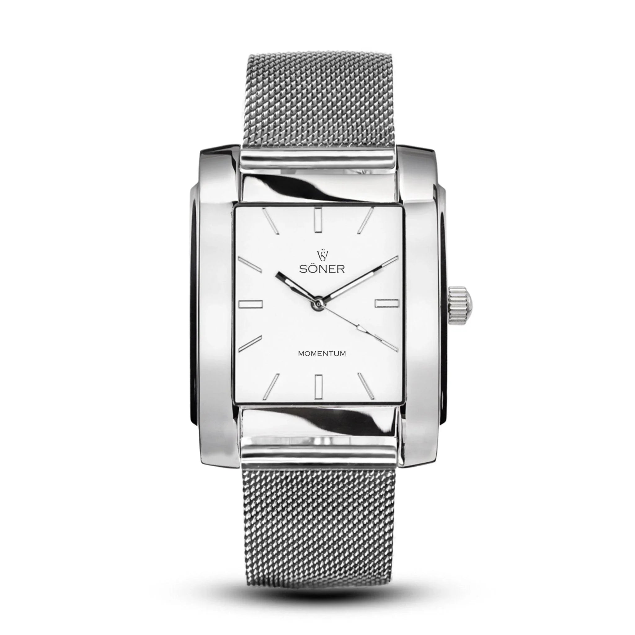 A close-up of a rectangular watch from Söner, showcasing a sleek silver wristwatch with minimalistic hour markers and a matching mesh band. The brand name Söner and the product name Momentum Hoover (Self-winding) are elegantly displayed on the watch face.