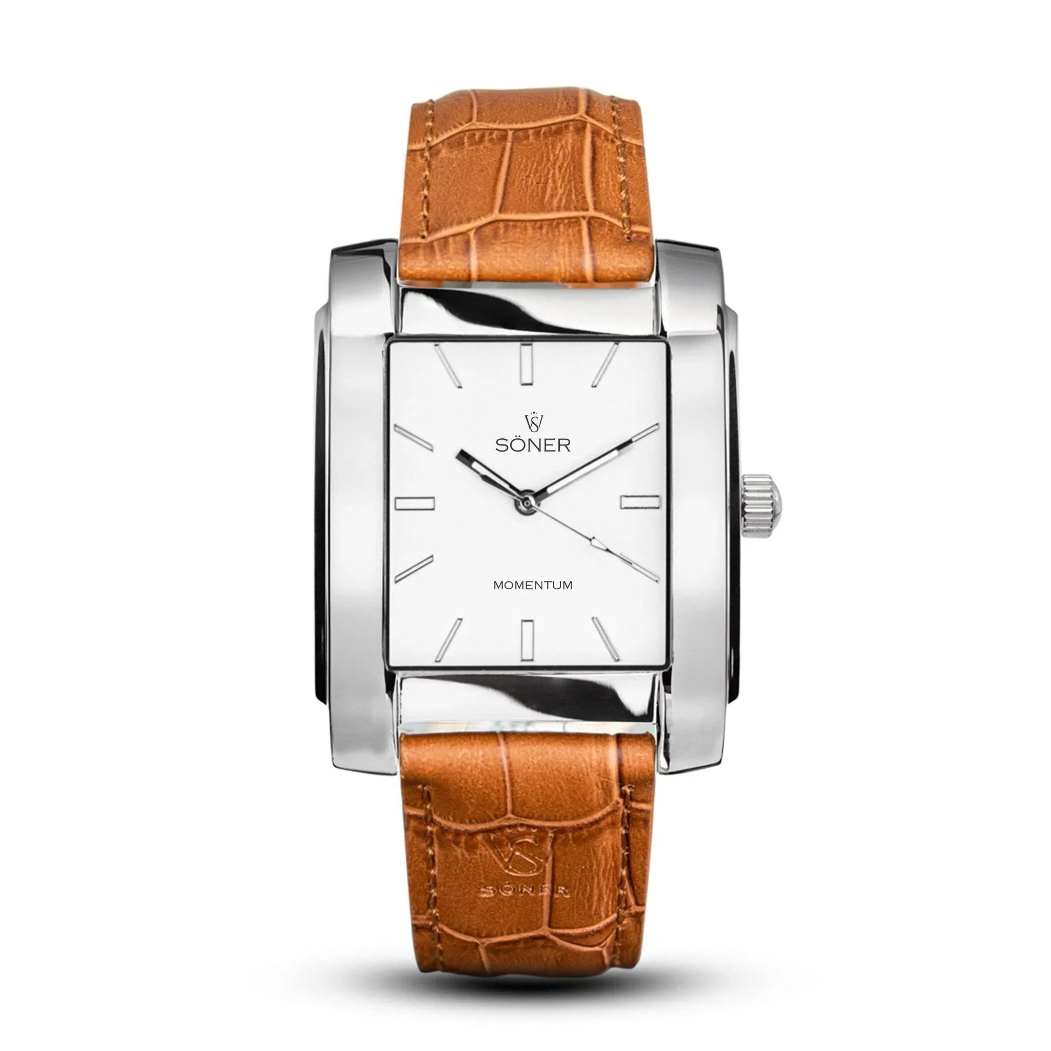 Momentum Hoover Automatic rectangular watch with a polished stainless steel case, minimalist white dial, and a light brown leather strap embossed with the Söner logo.