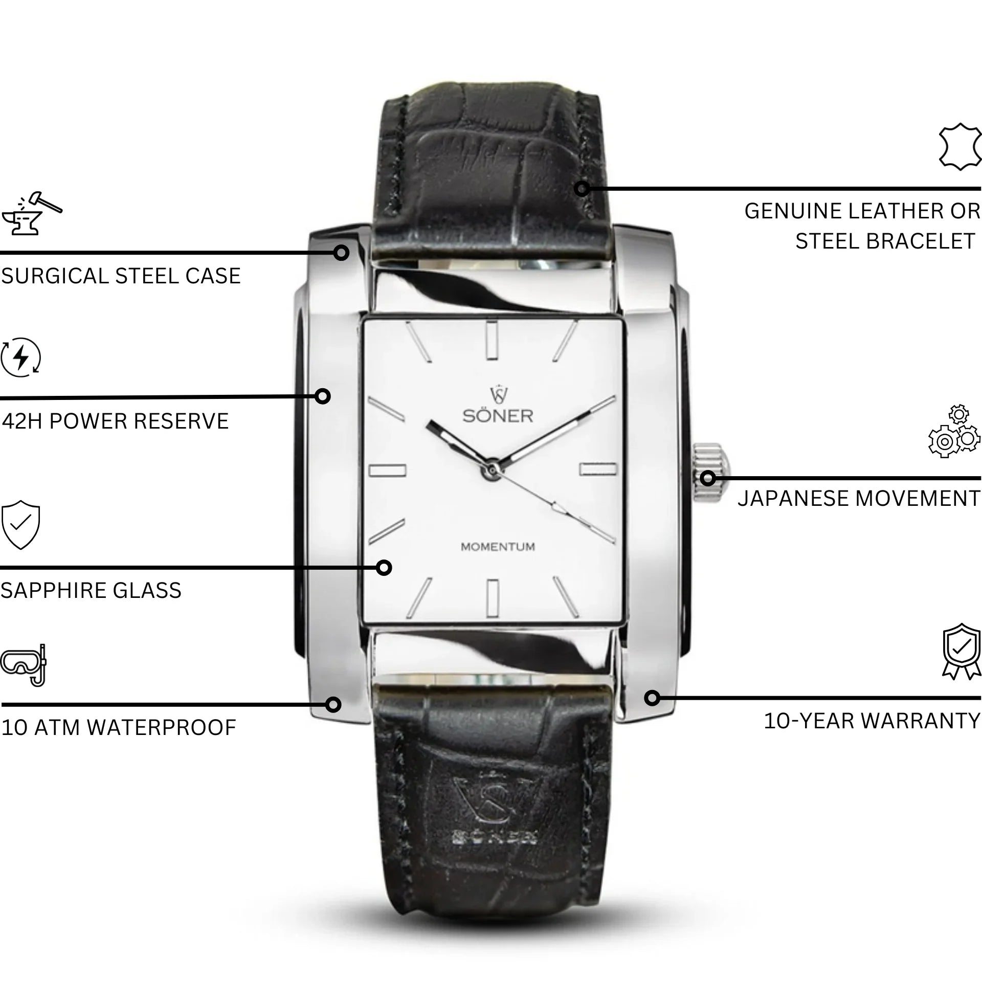 Momentum Hoover Automatic rectangular watch with a polished stainless steel case, white dial, black leather strap, and highlighted features including sapphire glass, 42-hour power reserve, Japanese movement, 10 ATM water resistance, and a 10-year warranty.