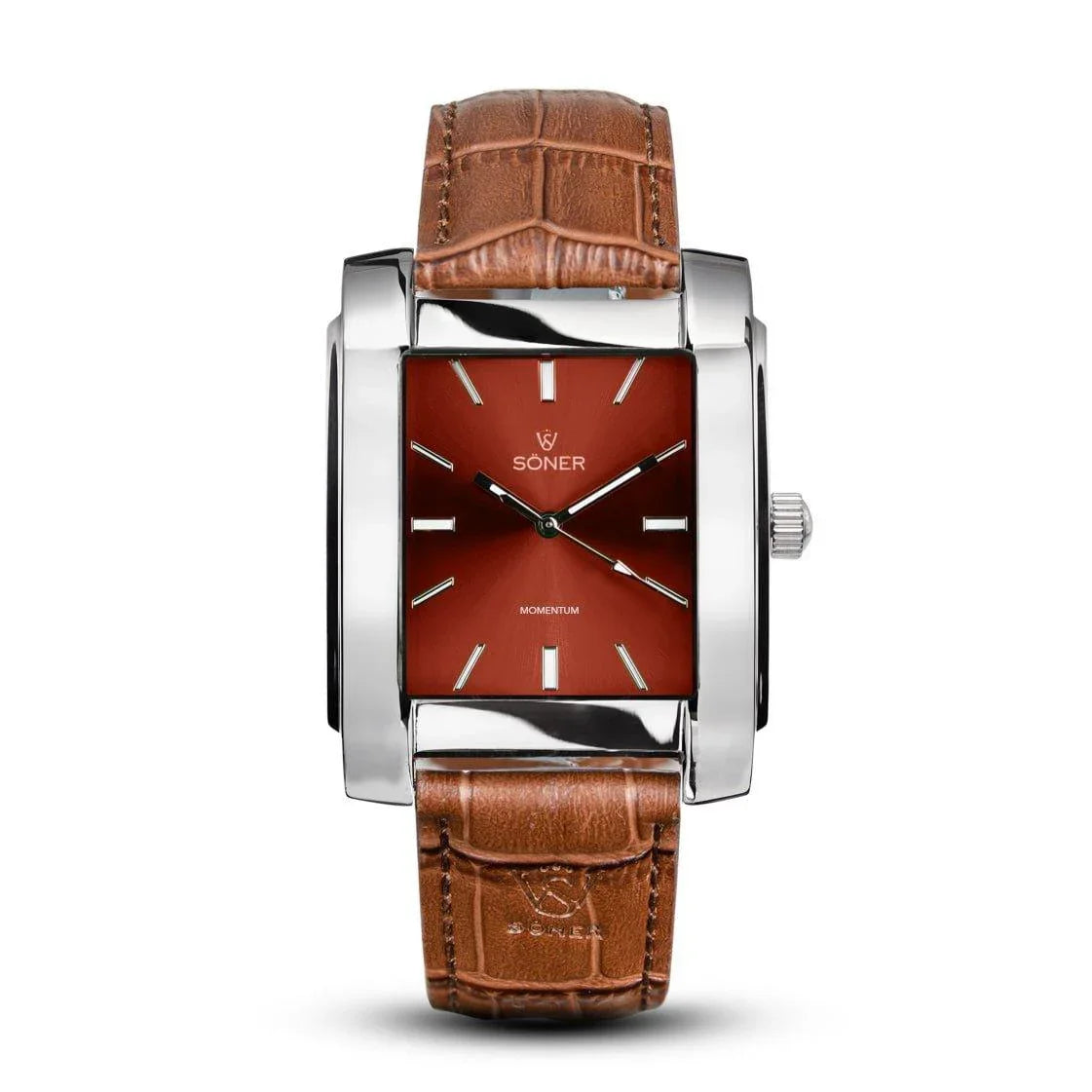 Momentum Rhodes Automatic rectangular watch featuring a polished stainless steel case, deep red sunburst dial, silver markers, and a brown embossed leather strap.