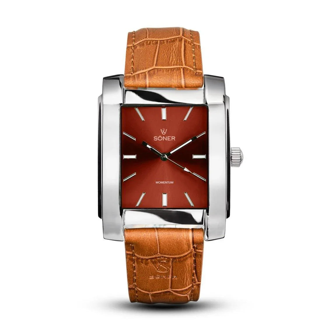 The Momentum Rhodes (Self-winding) watch from Söner showcases a rectangular design with a red face, encased in a silver frame and adorned with minimalist hour markers. Its tan leather strap boasts an elegant crocodile pattern, while the Soner brand name enhances the classic elegance of this square timepiece.