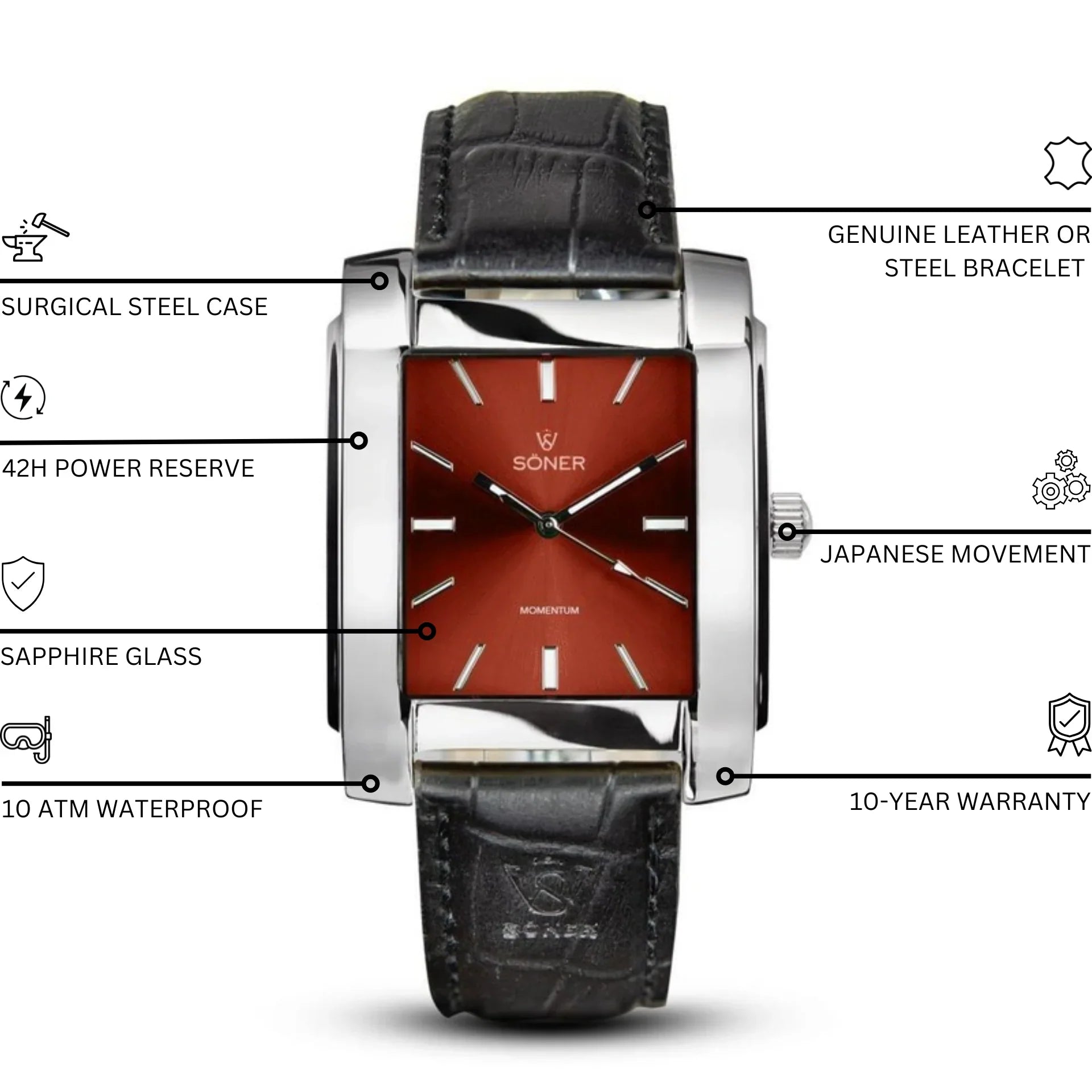 Momentum Rhodes Automatic rectangular watch with a polished stainless steel case, deep red sunburst dial, black leather strap, and highlighted features including sapphire glass, 42-hour power reserve, Japanese movement, 10 ATM water resistance, and a 10-year warranty.