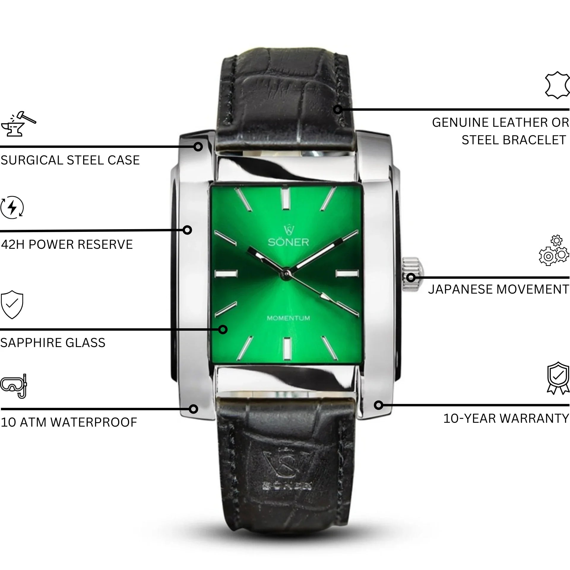Momentum Rockefeller (Self-winding) watch features a rectangular design with a green face and silver hour markers and hands. It is encased in a silver-toned frame and paired with a textured black leather strap. The Söner brand name is elegantly displayed on the dial, making it a sophisticated choice for any occasion.