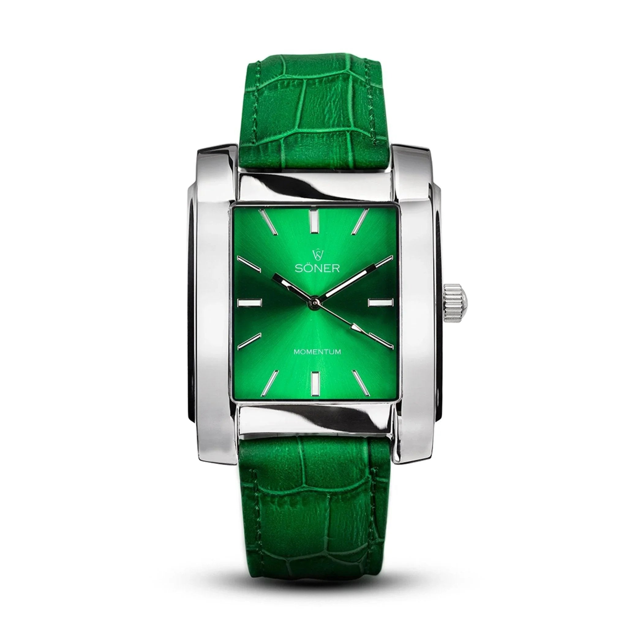 Momentum Rockefeller Automatic rectangular watch with a polished stainless steel case, green sunburst dial, minimalist silver indices, and a matching green embossed leather strap.