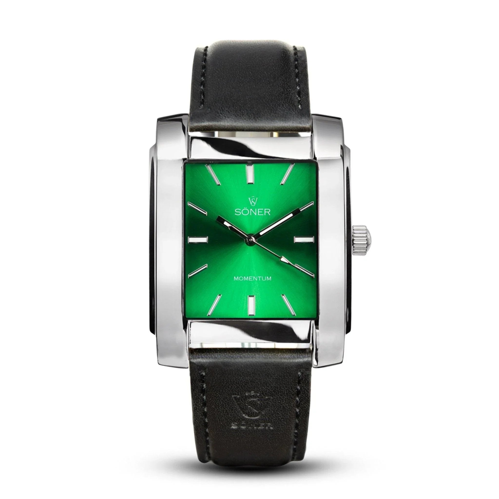 Introducing the Momentum Rockefeller: a self-winding rectangular watch featuring a shiny silver frame and a vibrant green face adorned with silver hour indicators and hands. This sophisticated timepiece by Söner boasts a square design complemented by a classic black leather strap, which subtly displays an embossed logo at the bottom.