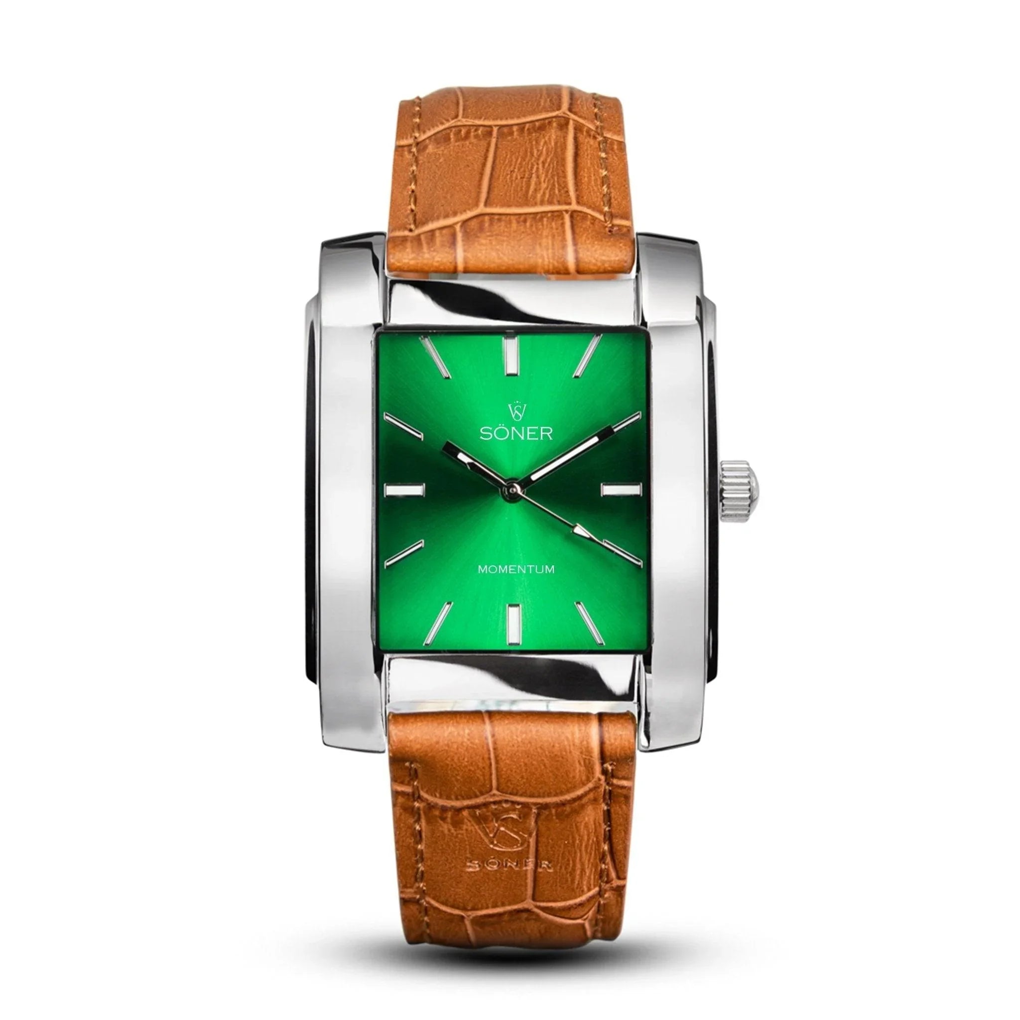 Momentum Rockefeller Automatic rectangular watch with a polished stainless steel case, green sunburst dial, minimalist indices, and a light brown embossed leather strap.