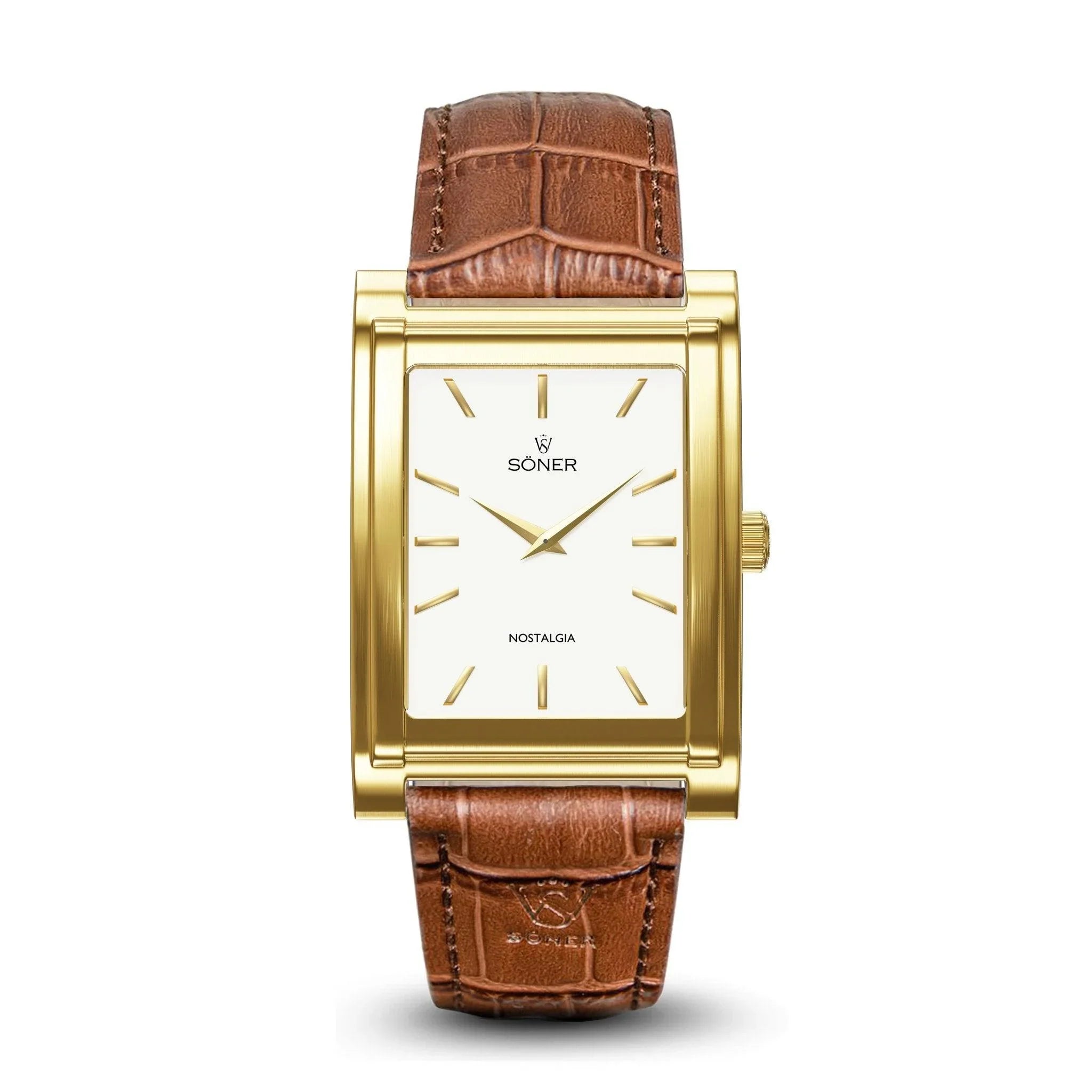 The Nostalgia Chicago watch by Söner exudes sophistication with its rectangular design, adorned with a gold case and a white face. It features minimalist markings and slender hands, accompanied by a brown leather strap that showcases a textured, crocodile-like pattern. The dial is elegantly embossed with the brand name and the word Nostalgia.