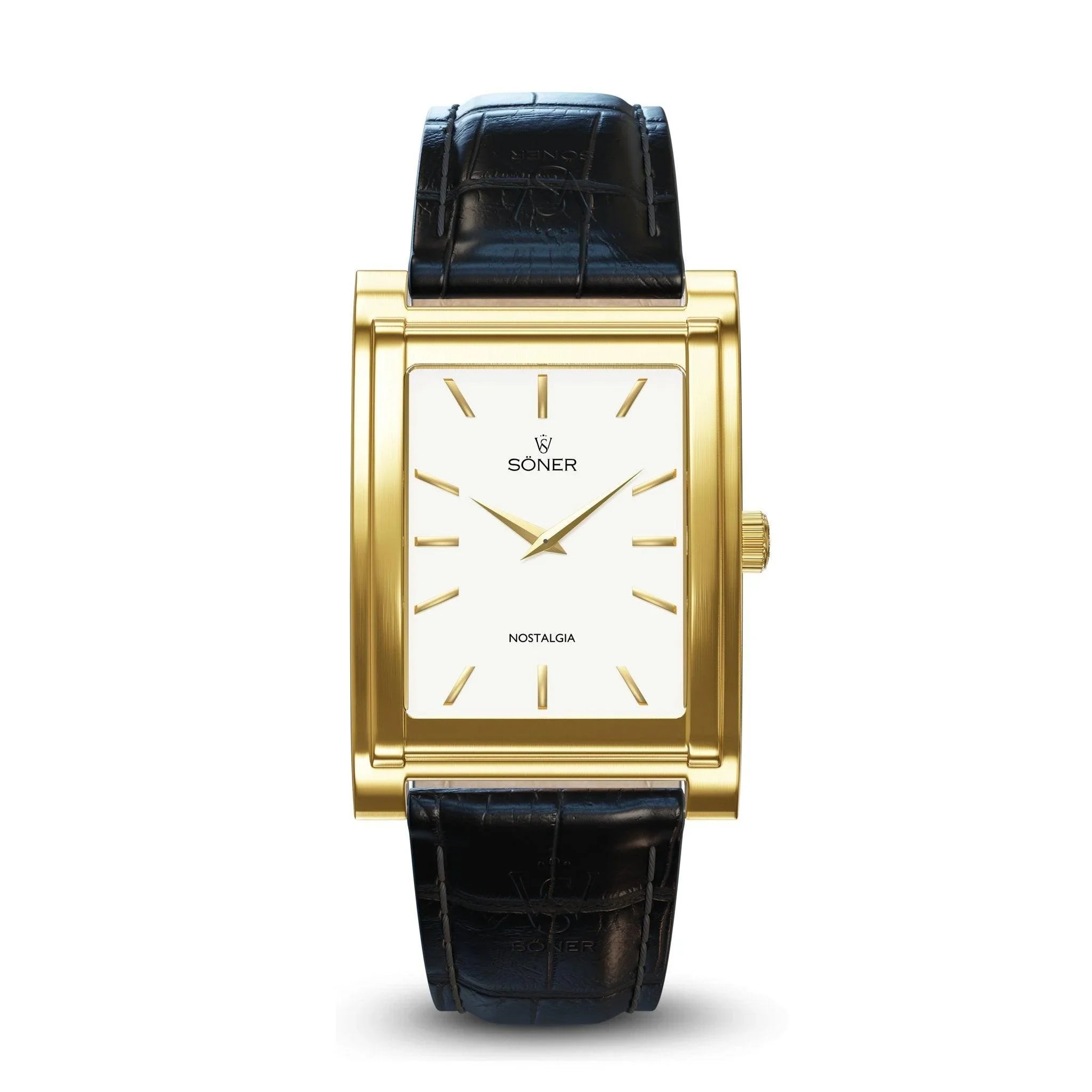 Rectangular gold-plated Nostalgia Chicago watch with a white dial, gold indices and hands, and a black crocodile-embossed leather strap.