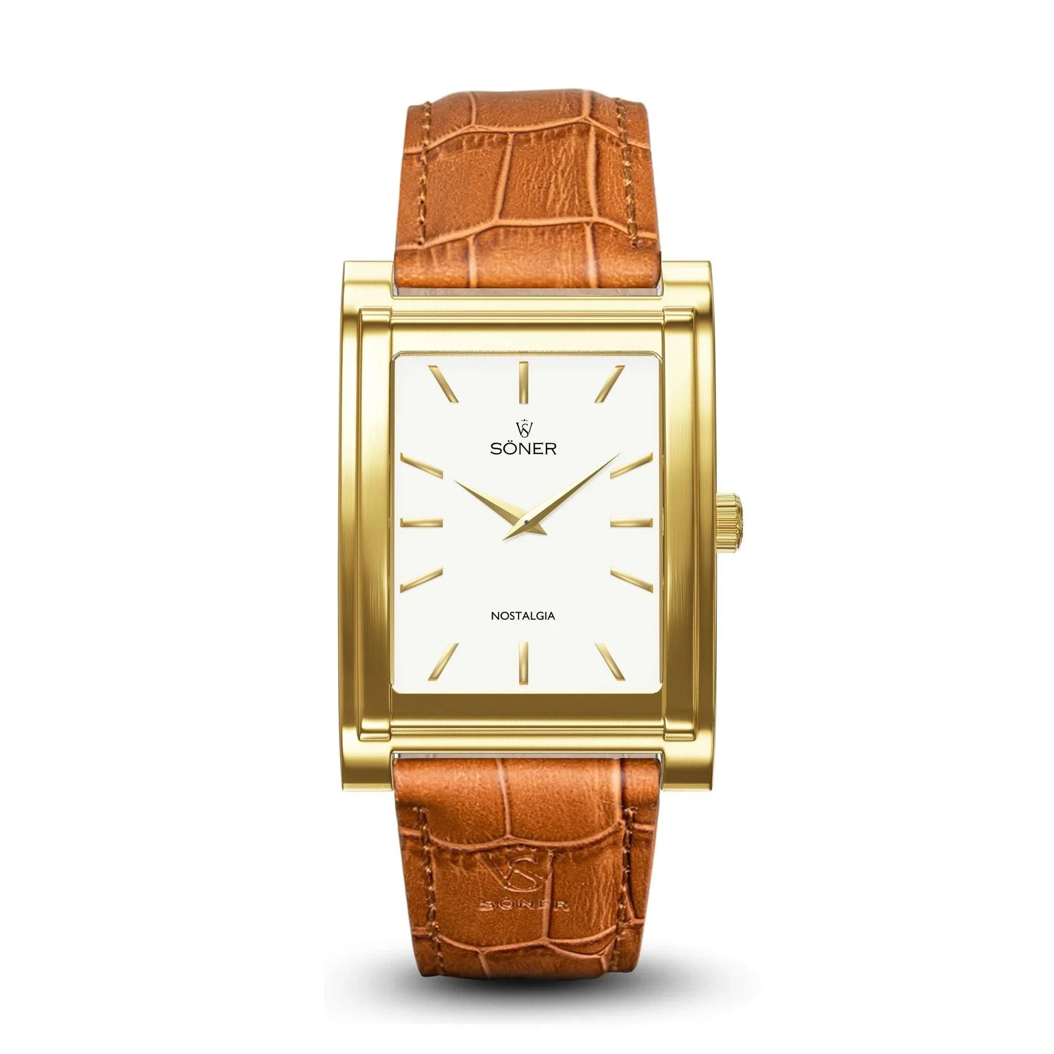 A rectangular wristwatch featuring a white face, adorned with simple gold hour markers and hands. This timepiece includes a brown leather strap with an alligator texture and is embossed with Soner Nostalgia Chicago on the dial, sporting an 11-year battery.