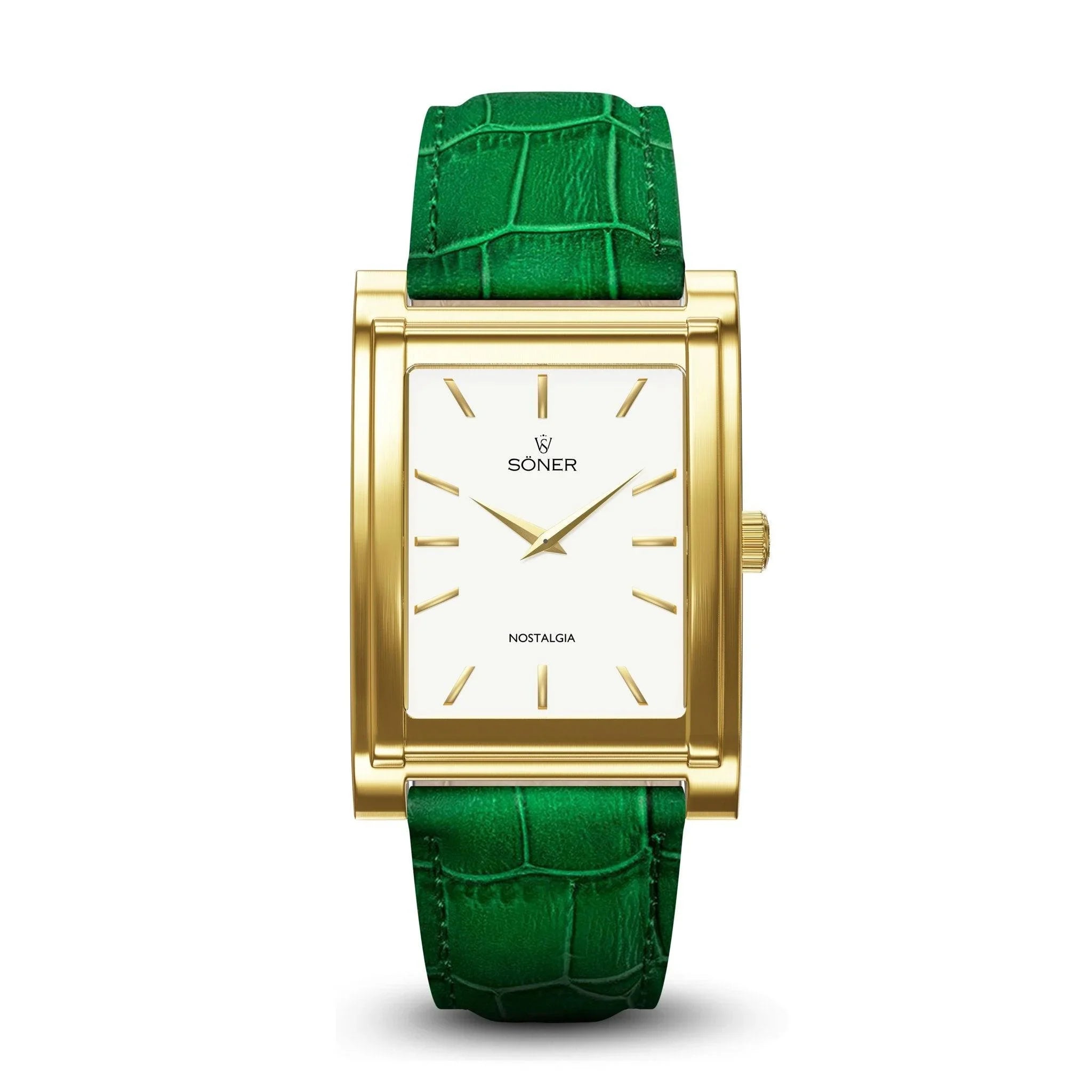 Introducing the Nostalgia Chicago wristwatch, featuring a sophisticated rectangular design. The watch boasts a white face adorned with minimalist gold markers and proudly displays the brand "Soner" along with "Nostalgia." It is complemented by a vibrant green leather strap, designed with a textured, crocodile-like pattern for an added touch of elegance. Powered by an 11-year battery for long-lasting performance.
