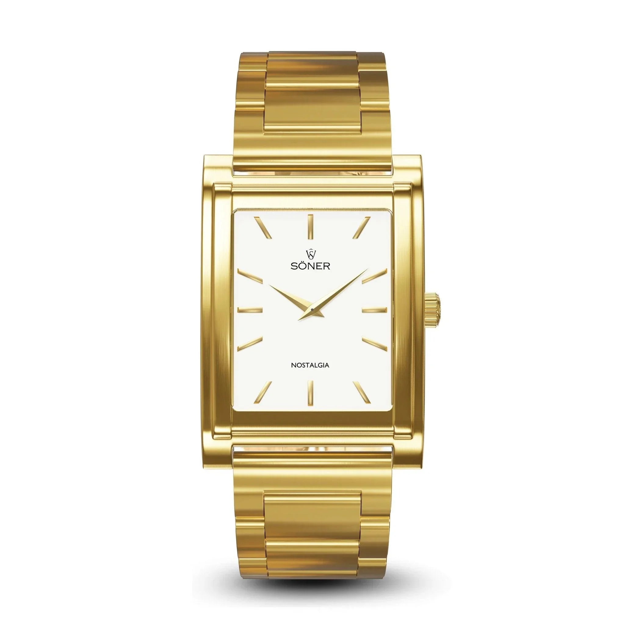 Rectangular wristwatch with a metallic band and a gold finish, featuring a white face adorned with gold hour markers and hands. The dial is elegantly marked with the Söner brand name and Nostalgia Chicago (11-year Battery), making this exquisite watch a timeless piece of elegance.