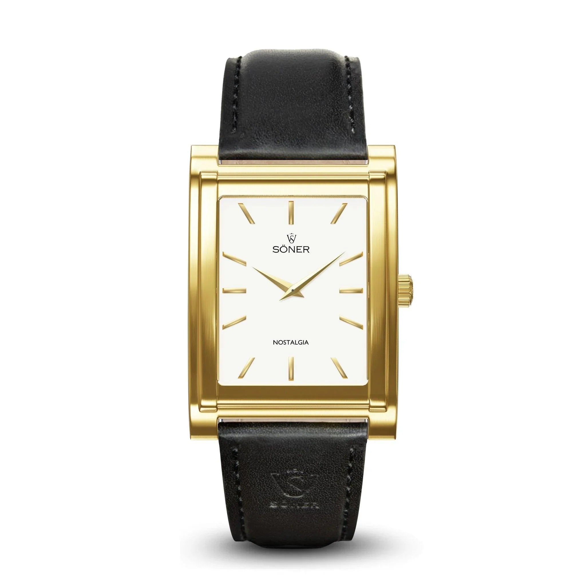 The Nostalgia Chicago (11-year Battery) is a rectangular gold wristwatch with a white face, adorned with minimalist gold hour markers and two hands. Its black leather strap features delicate stitching and a logo embossed near the lugs. This sophisticated timepiece from the SONER NOSTALGIA collection exemplifies the enduring appeal of a rectangular watch design.