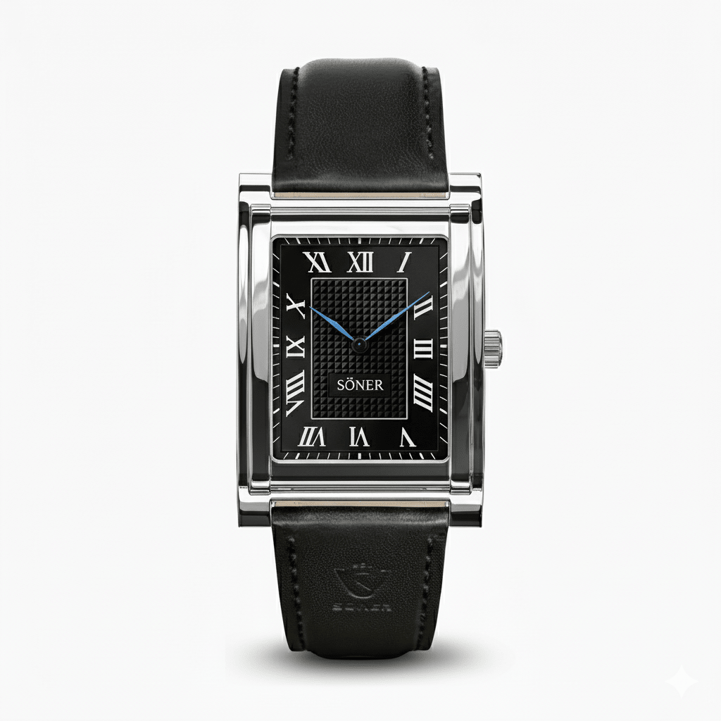 The Nostalgia Limited Edition is a rectangular wristwatch with a black leather strap, silver case, black dial, silver Roman numerals, blue hands, and the SÖNER logo above the center. Pre-order now.