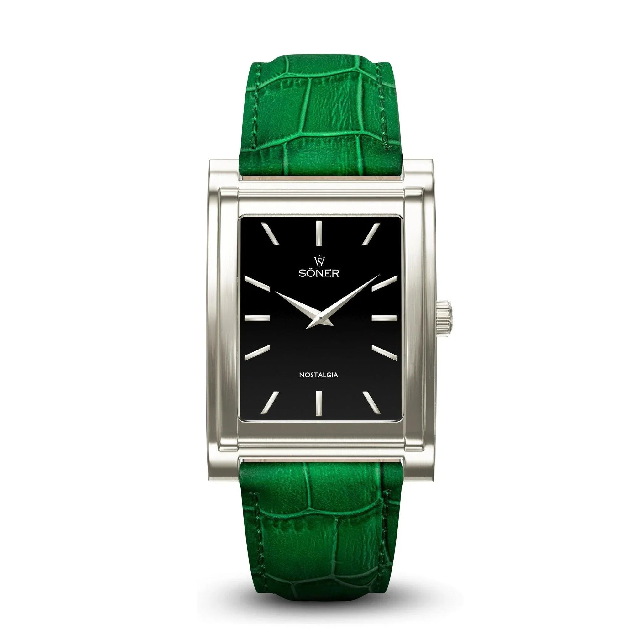 The Nostalgia London watch features a rectangular design with a black face and silver frame, highlighted by minimalist lines and the branding "SONER" at the top. It is complemented by a striking, vibrant green crocodile-patterned leather strap.