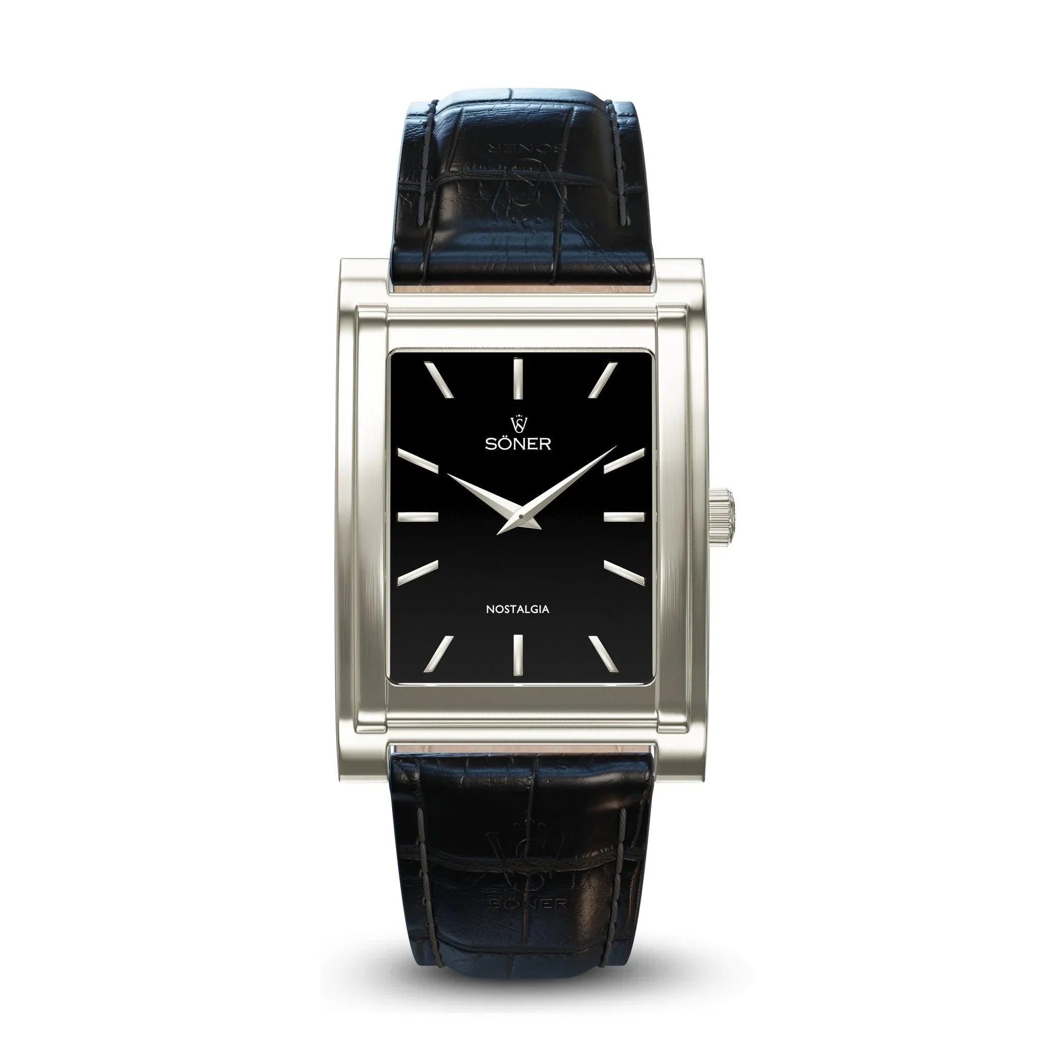 Rectangular brushed steel Söner Nostalgia London watch with a deep black dial, silver-tone hands and indices, and a black leather strap embossed with the brand logo.