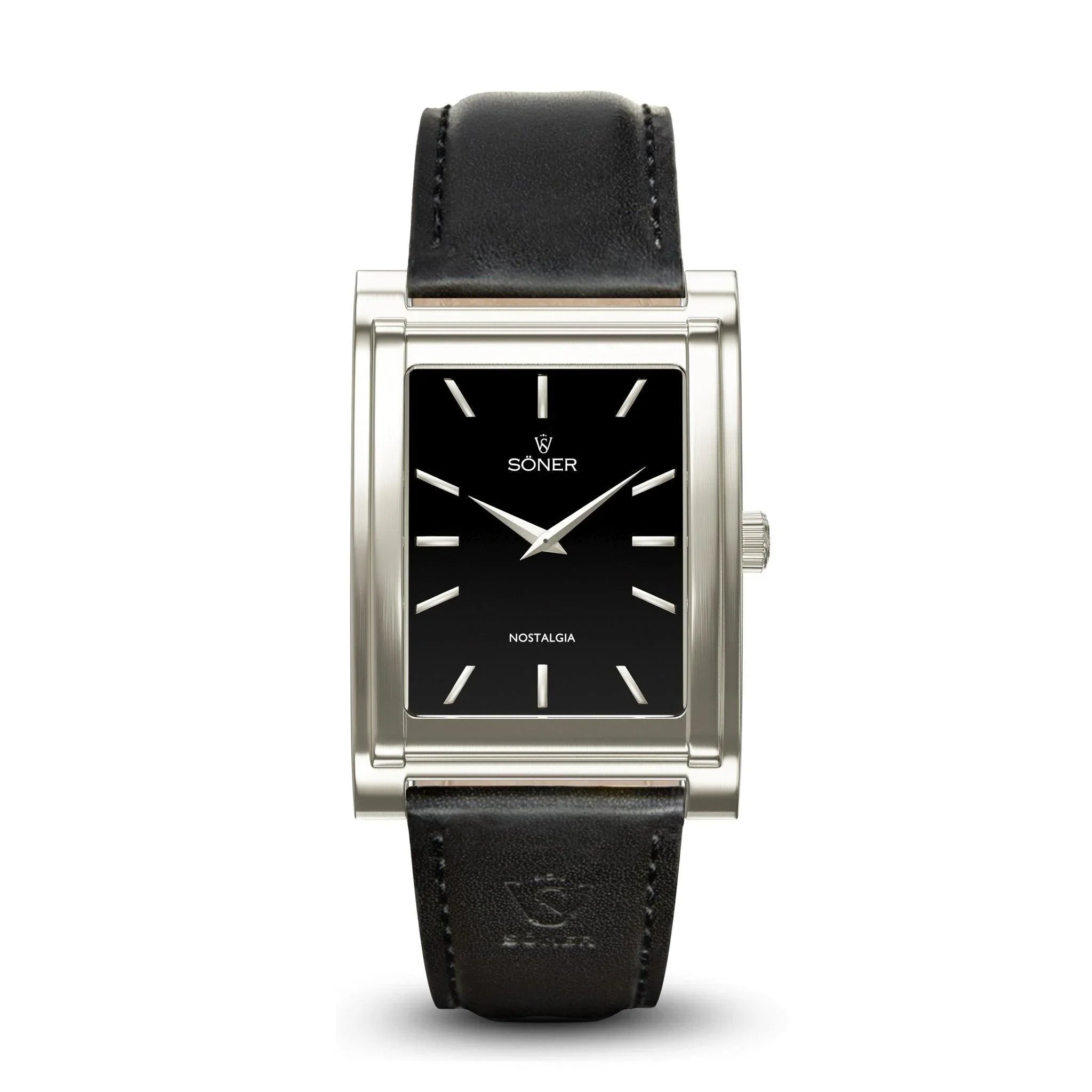 This rectangular silver watch from Söner, featuring a black leather strap, showcases a square design with a black dial and minimalist silver hour markers and hands. The words "Nostalgia" and the brand "Soner" are elegantly displayed on its face.