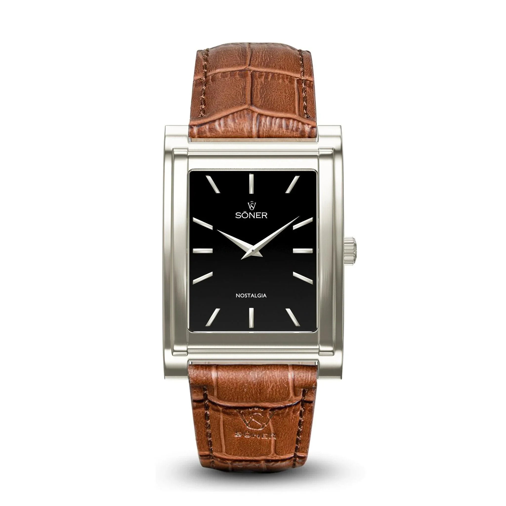 Söner Nostalgia London rectangular watch with a brushed steel case, black dial, silver-tone hands and indices, and a brown textured leather strap embossed with the brand logo.