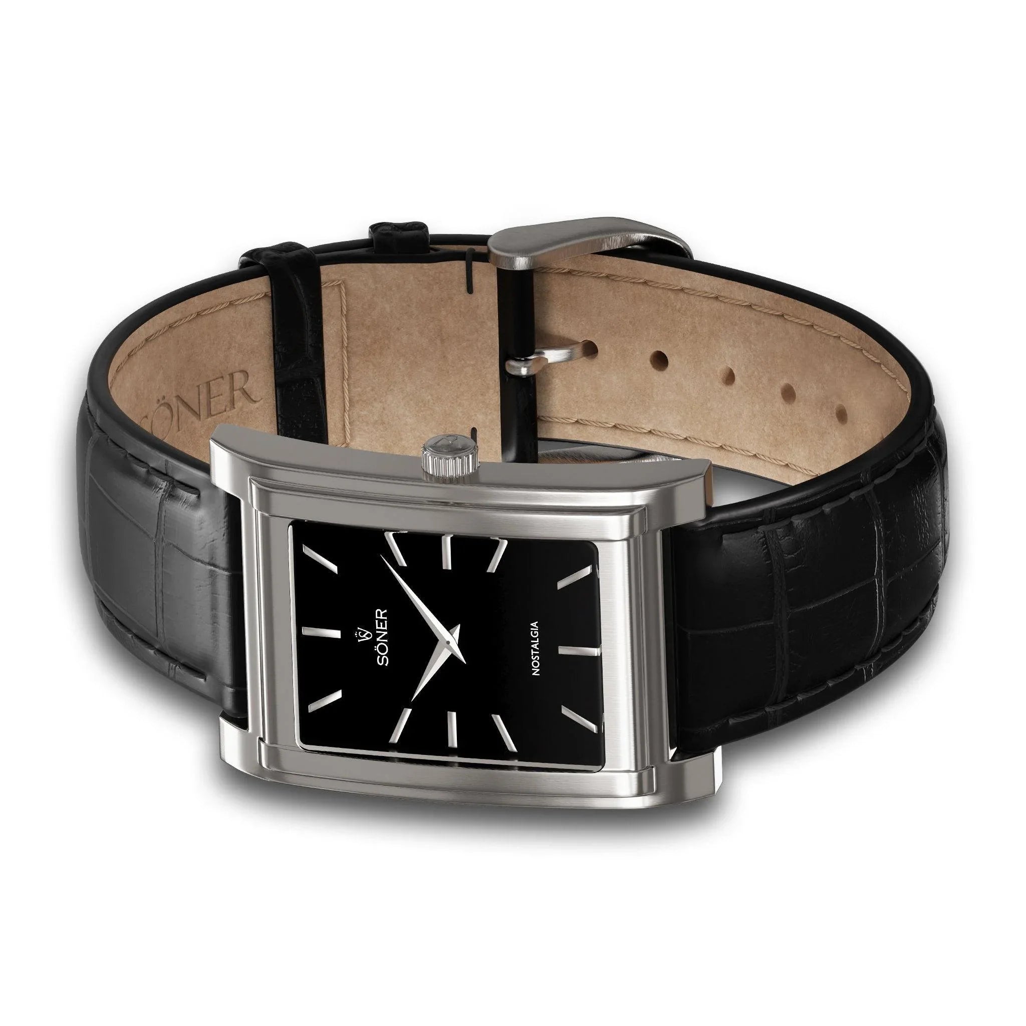 The Nostalgia London timepiece boasts a sleek rectangular design with a black leather strap and silver casing. Its elegant black face features simple white hour markers and hands, along with the Soner brand name near the top, styled against a plain white background. Plus, it comes with an 11-year battery life for long-lasting performance.