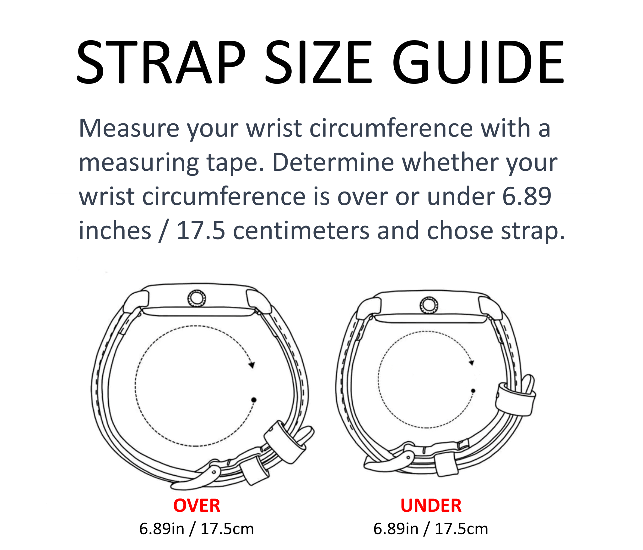 Strap size guide for Nostalgia Santiago (Brushed Steel, 11 Year Battery) shows how to measure wrist circumference, with an illustration and labels comparing wrists over and under 6.89 inches (17.5 cm).