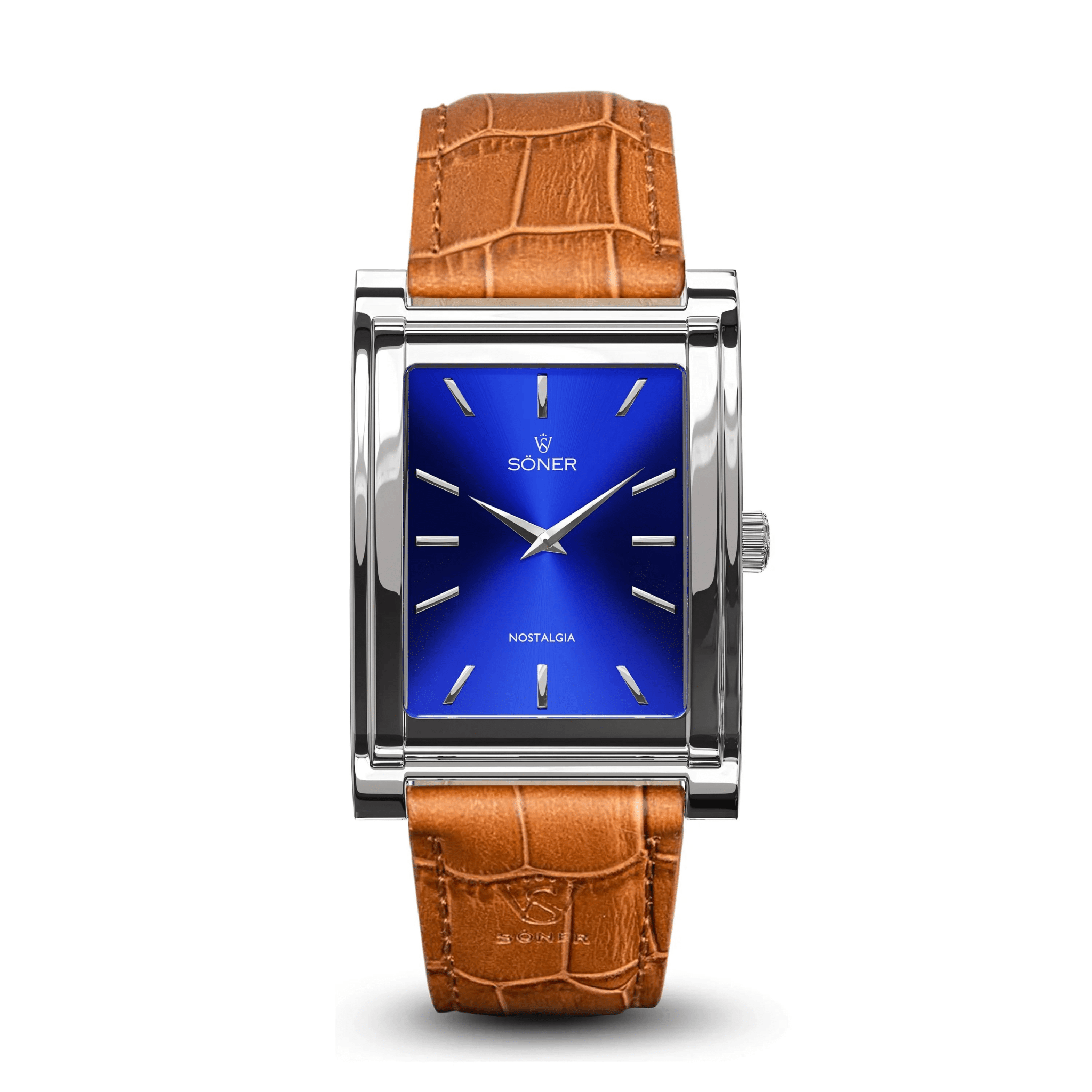 Nostalgia Madrid rectangular watch with a polished steel case, radiant blue sunburst dial, minimalist silver markers, and a light brown alligator-pattern leather strap.