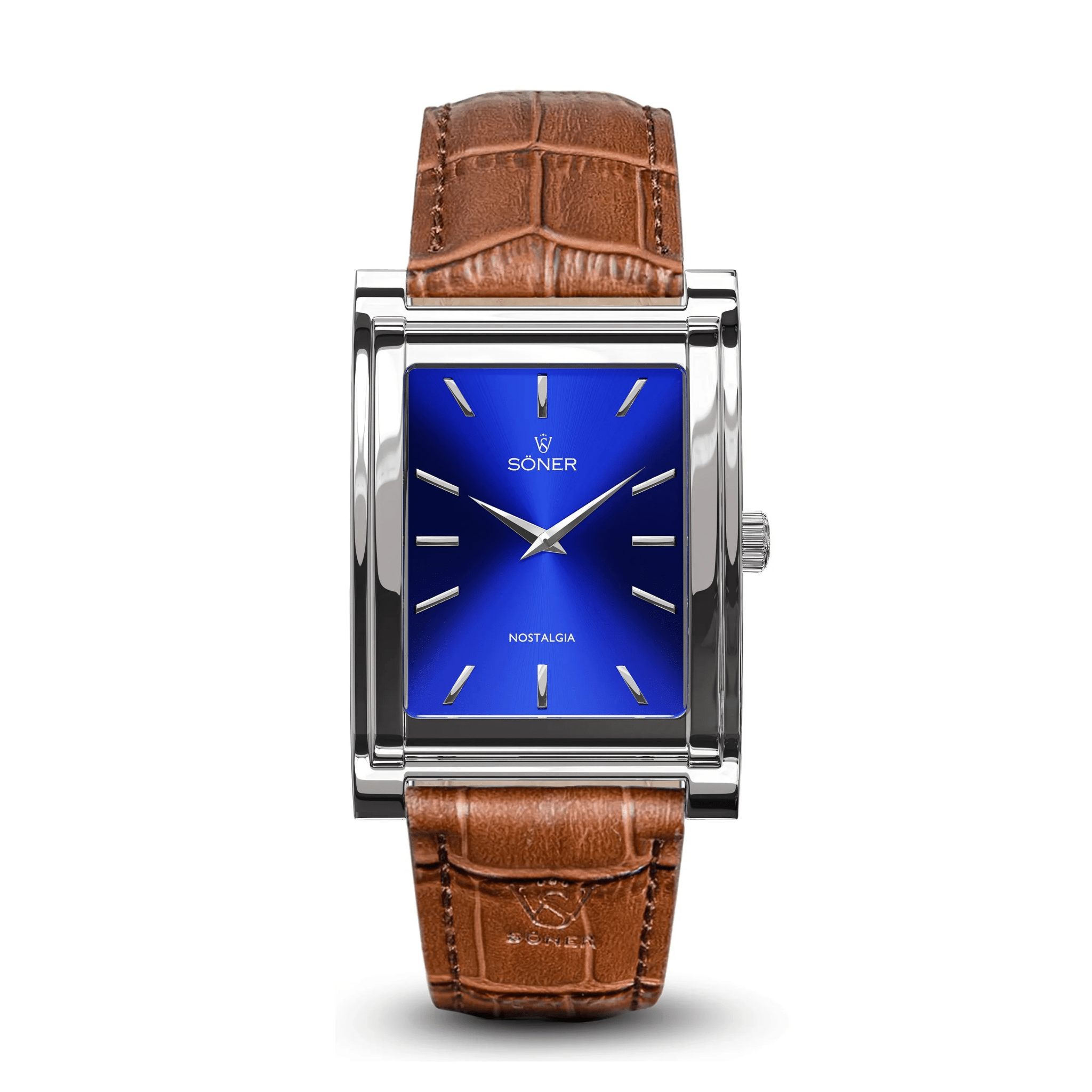 Nostalgia Madrid rectangular watch with a polished steel case, radiant blue sunburst dial, minimalist silver markers, and a brown alligator-pattern leather strap.