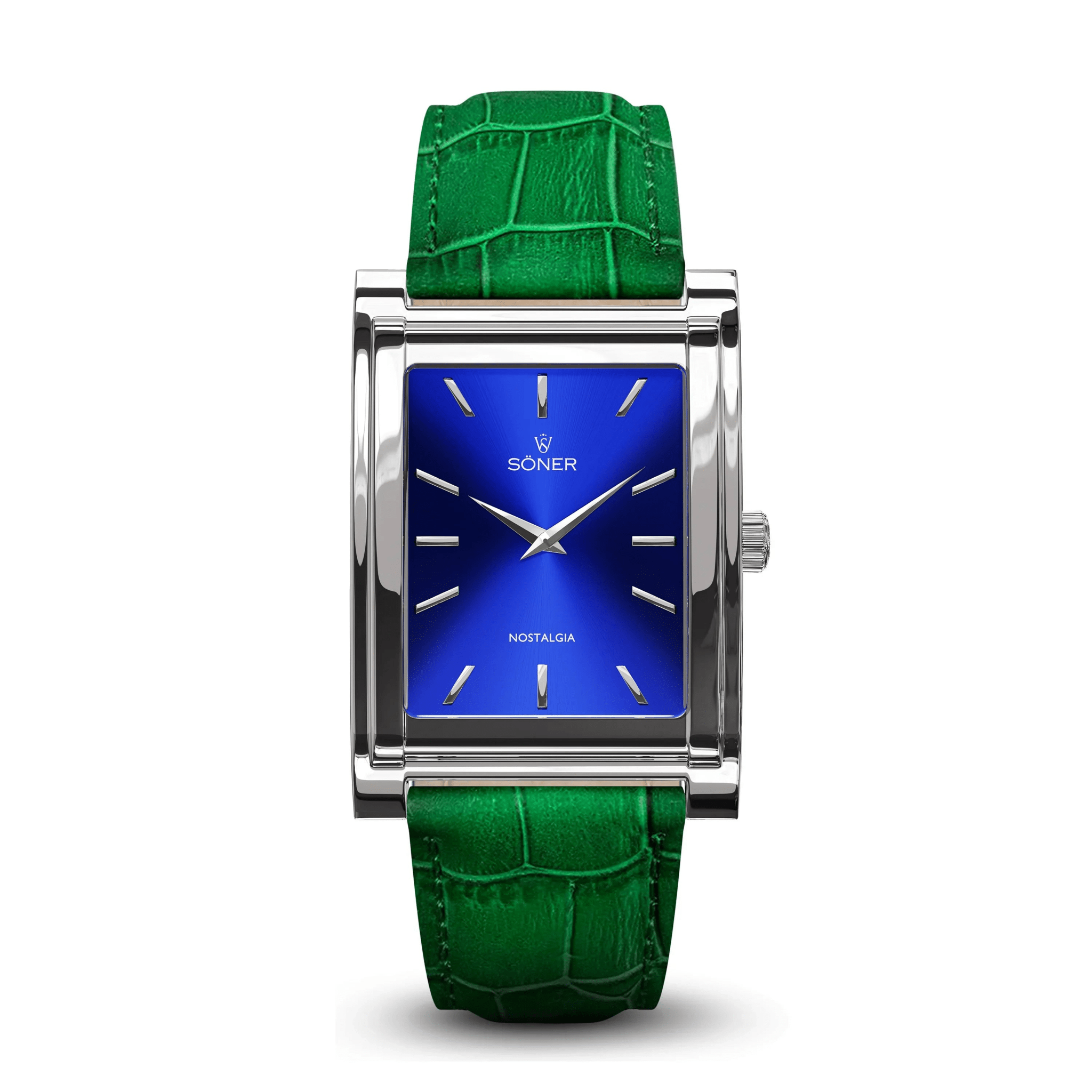 Nostalgia Madrid rectangular watch with a polished steel case, radiant blue sunburst dial, minimalist silver markers, and a green alligator-pattern leather strap.