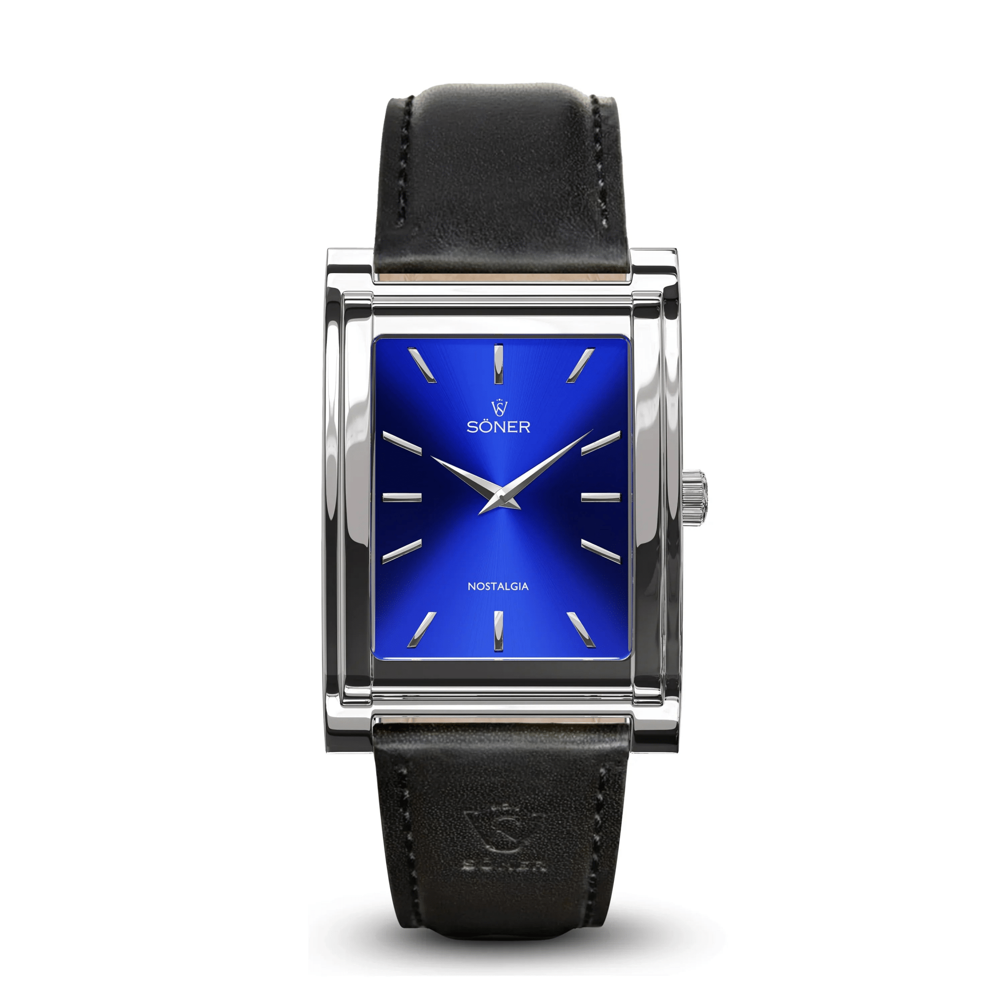 Nostalgia Madrid rectangular watch with a polished steel case, radiant blue sunburst dial, minimalist silver markers, and a black genuine leather strap.
