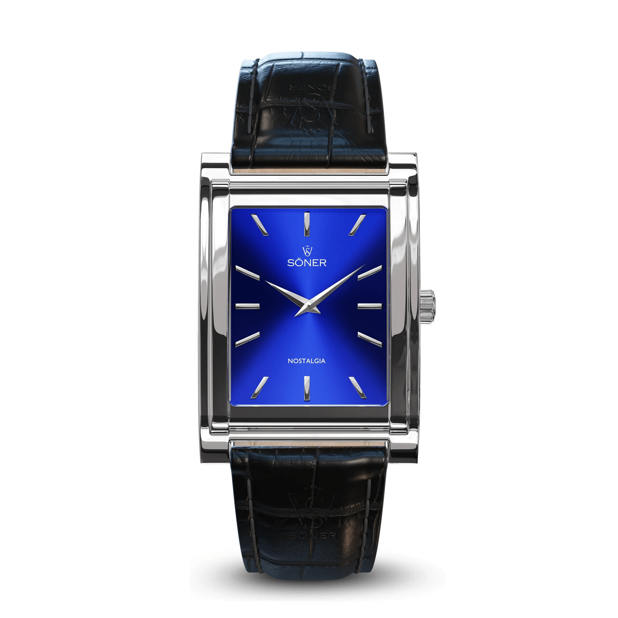 Rectangular polished steel watch with a radiant blue sunburst dial, minimalist silver markers, and a black alligator-pattern leather strap.