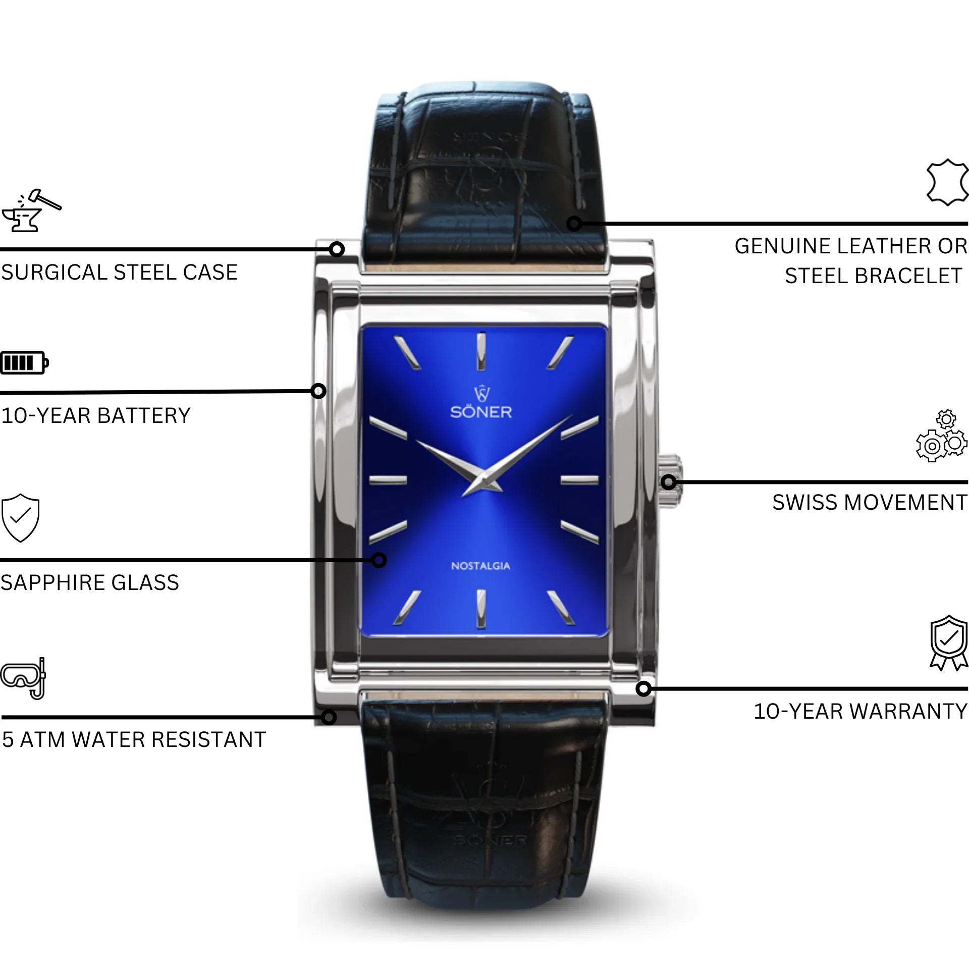 Rectangular Nostalgia Madrid watch with a polished steel case, radiant blue sunburst dial, black alligator-pattern leather strap, and highlighted features including Swiss movement, sapphire glass, 10-year battery, 5 ATM water resistance, and 10-year warranty.