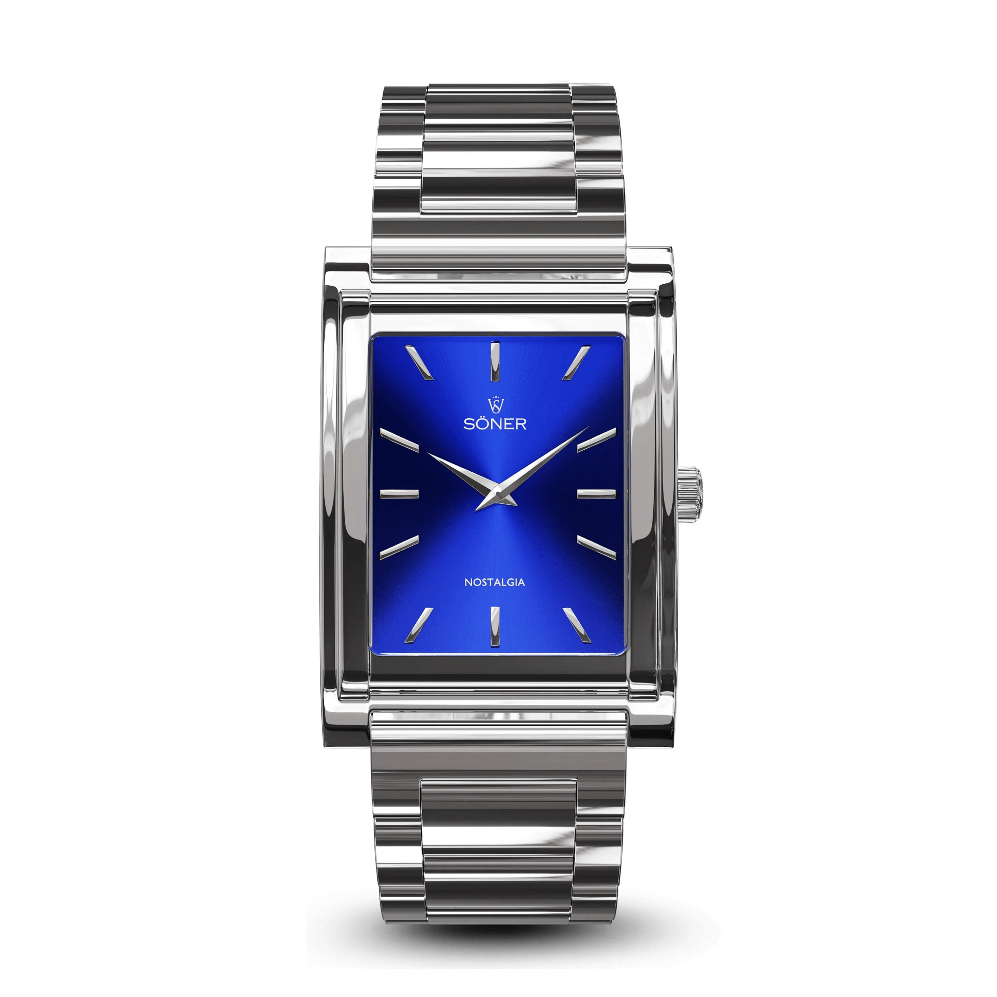 Nostalgia Madrid rectangular watch with a polished stainless steel case, radiant blue sunburst dial, minimalist silver markers, and a matching polished steel bracelet.