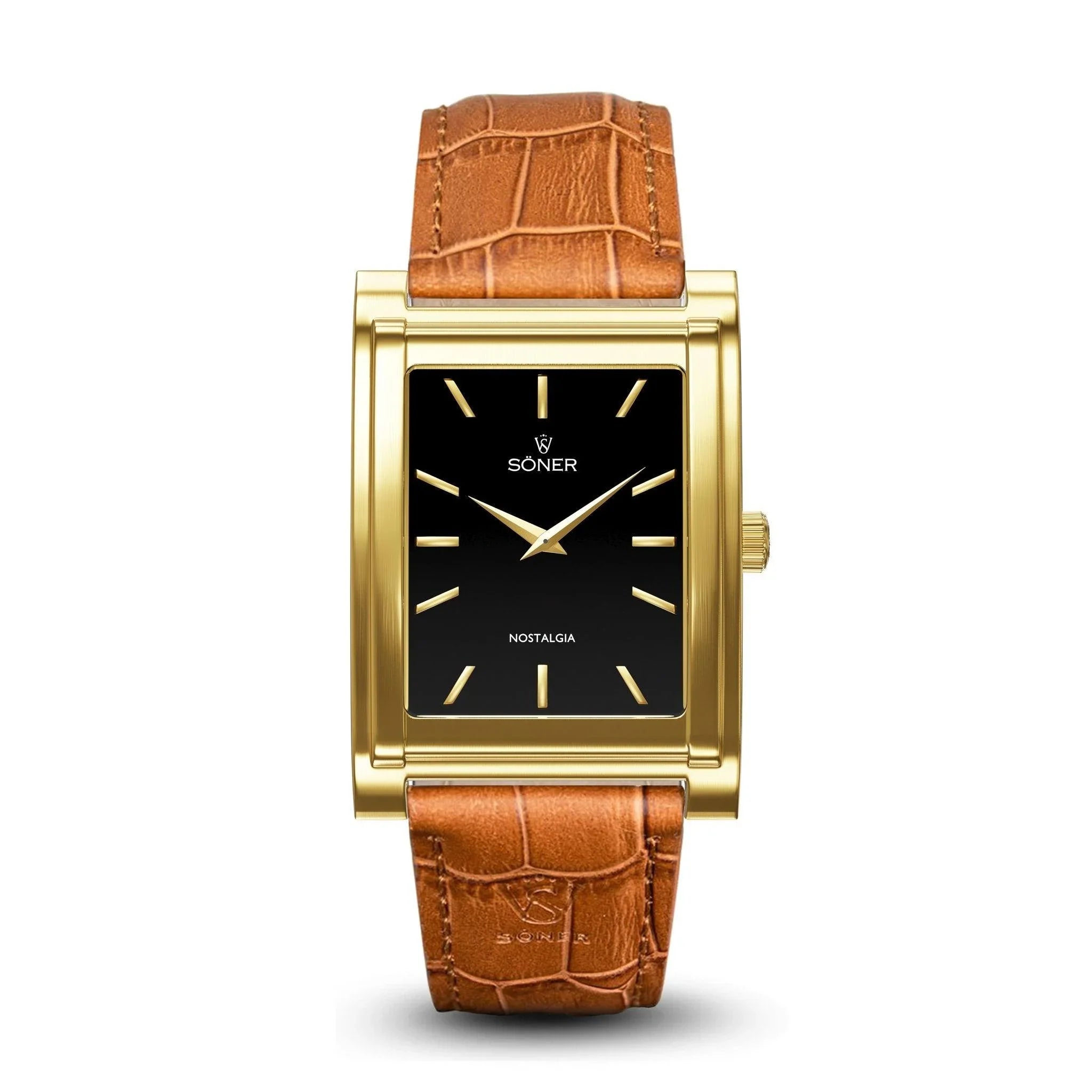 Söner Nostalgia Monaco rectangular watch with a brushed gold-plated case, black dial, gold hour markers, and a light brown crocodile-effect leather strap.