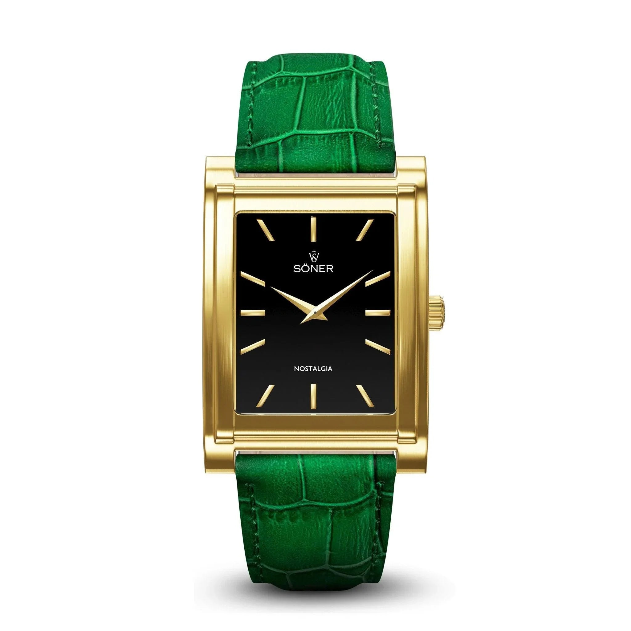 Söner Nostalgia Monaco rectangular watch with a brushed gold-plated case, black dial, gold indices, and a green crocodile-patterned leather strap.