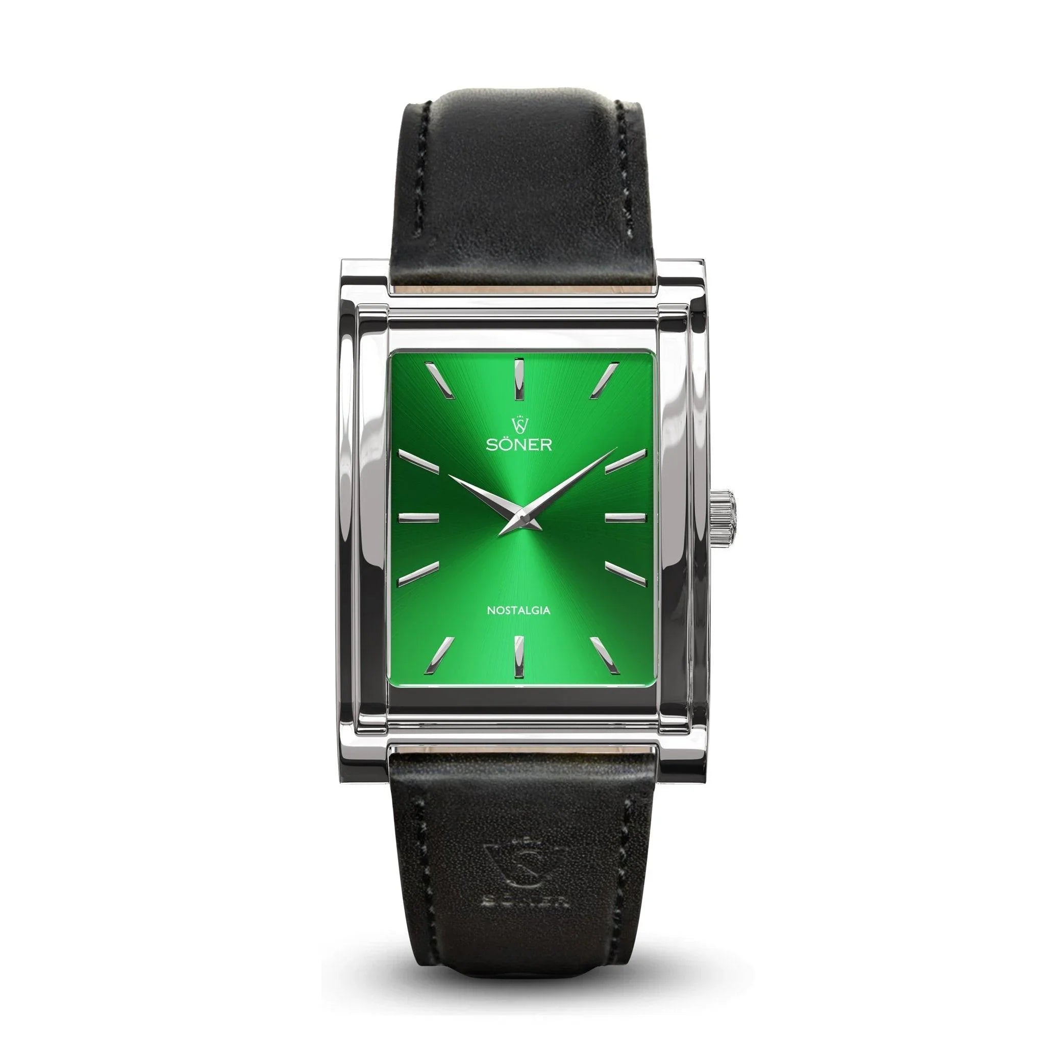 Introducing the Nostalgia New York by Söner, a sophisticated square watch featuring a polished silver case and an eye-catching green dial. The design includes simple hour markers and two hands, perfectly paired with a black leather strap. The elegant Soner branding is beautifully displayed on the dial, with the added benefit of an 11-year battery life.