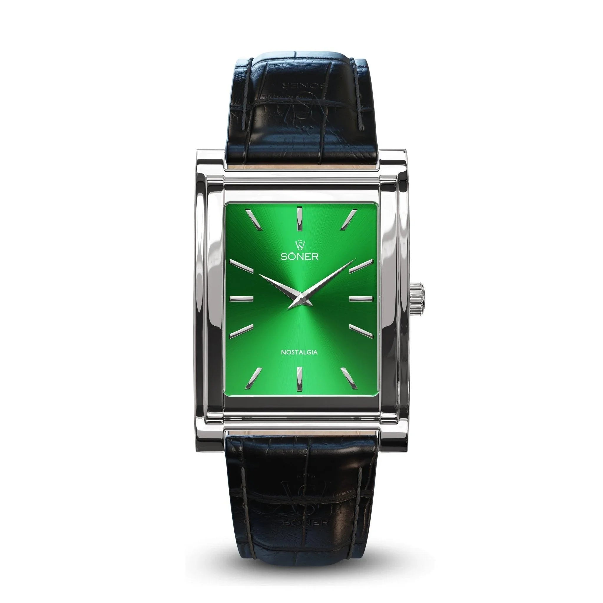 The Nostalgia New York watch offers a timeless design with a rectangular shape and a glistening silver frame. It features a vibrant green face, minimalistic hour markers, and the Söner logo below the 12 o'clock position. Complemented by a textured black leather strap, this watch exudes both style and sophistication while boasting an impressive 11-year battery life.
