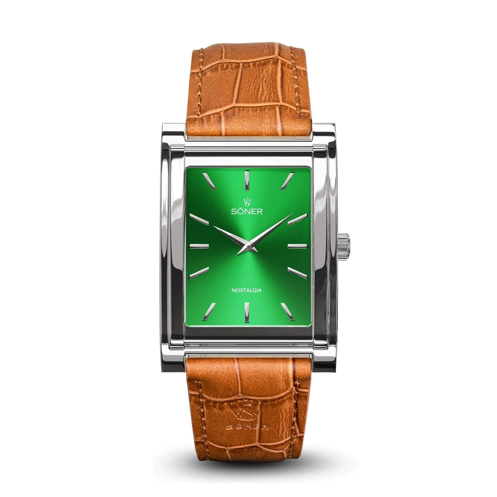 Söner Nostalgia New York rectangular watch with a polished stainless steel case, green sunburst dial, silver markers, and a light brown crocodile-embossed leather strap.