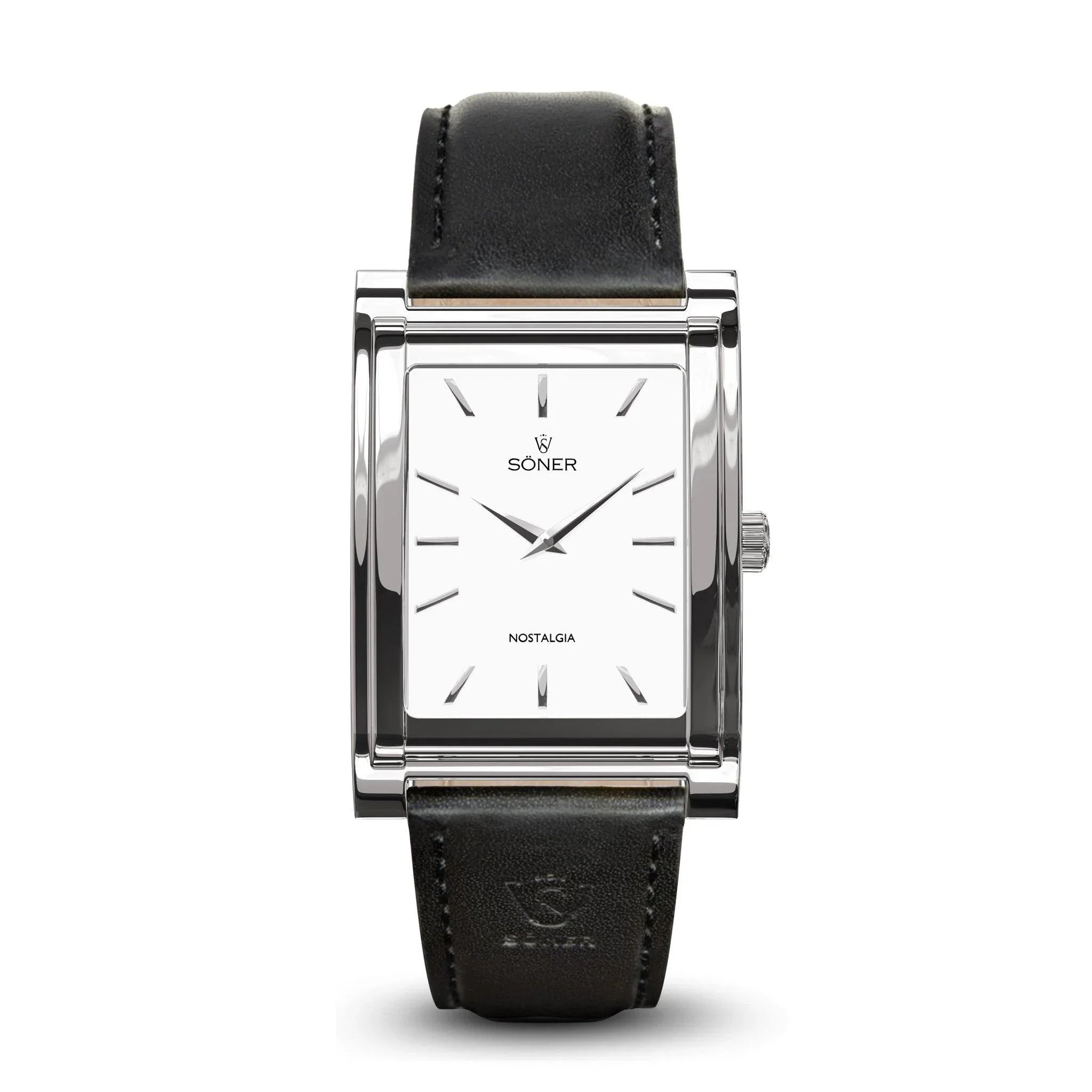 Söner Nostalgia Paris rectangular watch with a polished stainless steel case, minimalist white dial, slender steel indices, and a smooth black leather strap embossed with the Söner logo.