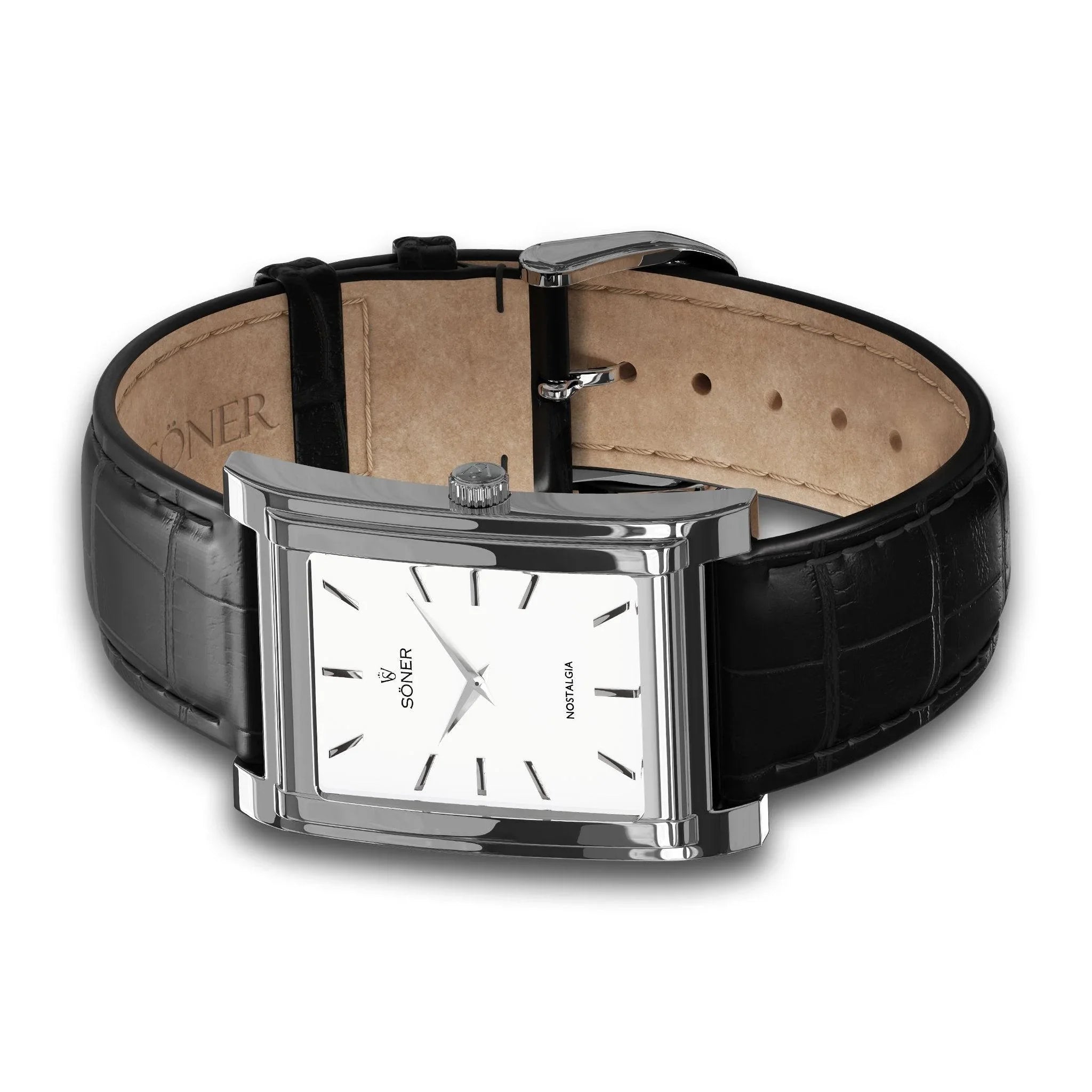 The Nostalgia Paris features a rectangular silver wristwatch design with a white dial and black hour markers, echoing the classic square watch style from Söner. It includes a textured black leather strap and a timeless buckle clasp.