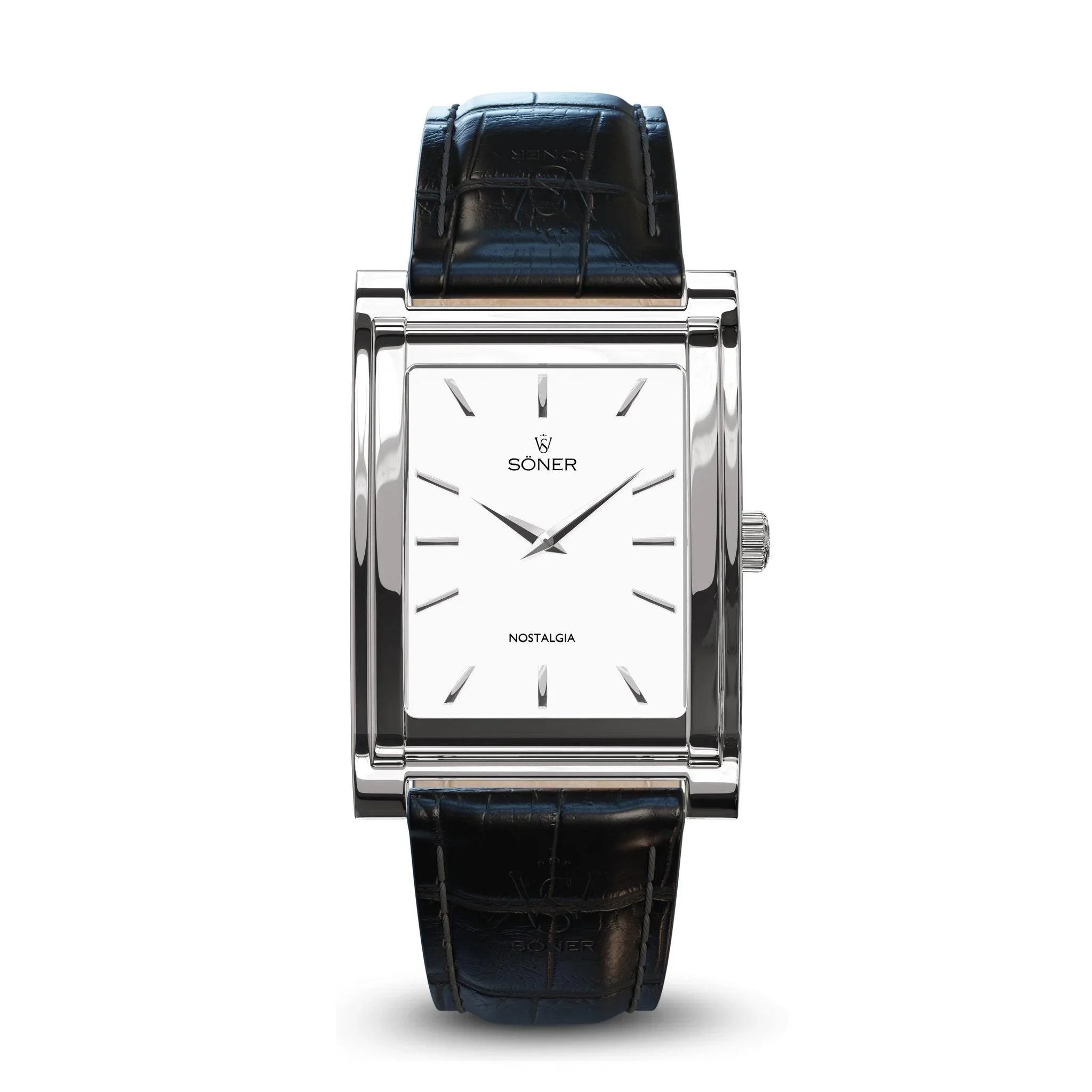 The Nostalgia Paris (11-year Battery) from Söner is a rectangular silver wristwatch that showcases a white dial adorned with minimalist black hour markers and hands. It features a black leather strap with a sophisticated crocodile pattern, and the brand name SONER is elegantly displayed on the dial.