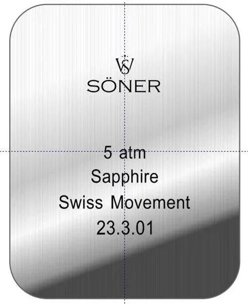 Engraved on the silver rectangular back of the Nostalgia Paris watch, it reads: SONER, 5 atm, Sapphire, Swiss Movement, 23.3.01.