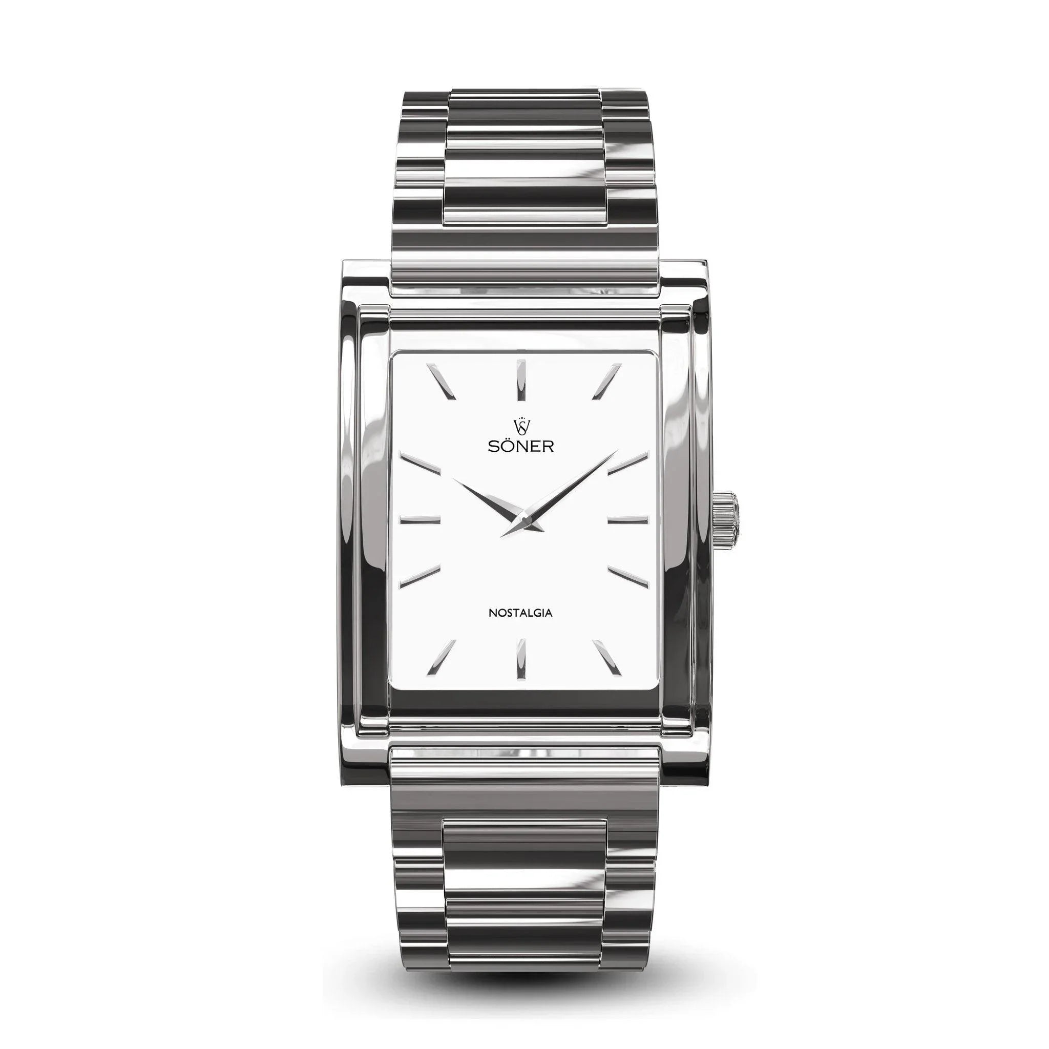 Söner Nostalgia Paris rectangular watch featuring a polished stainless steel case, minimalist white dial with slender indices, and a matching polished steel bracelet.