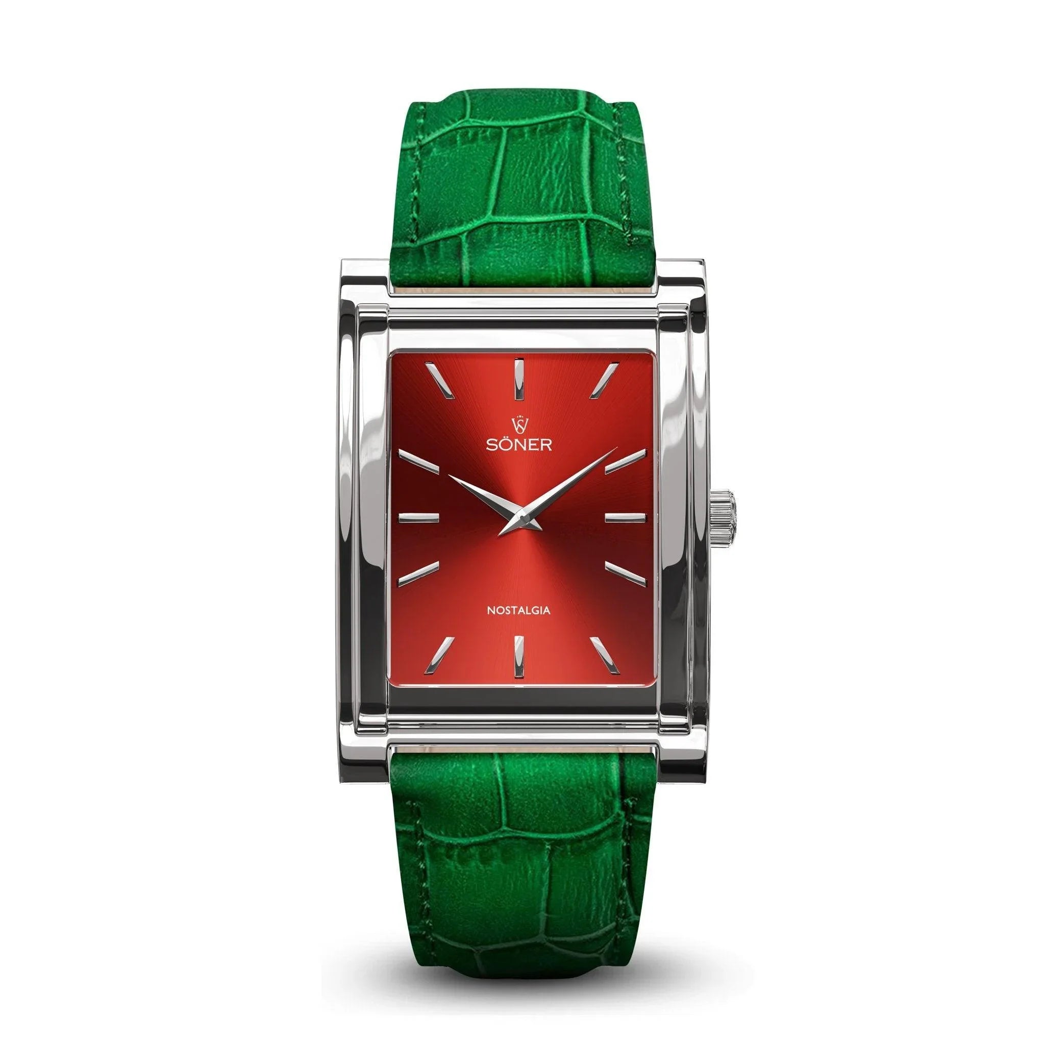 Söner Nostalgia Rome rectangular watch with a polished steel case, maroon sunburst dial, silver indices, and a vibrant green crocodile-embossed leather strap.