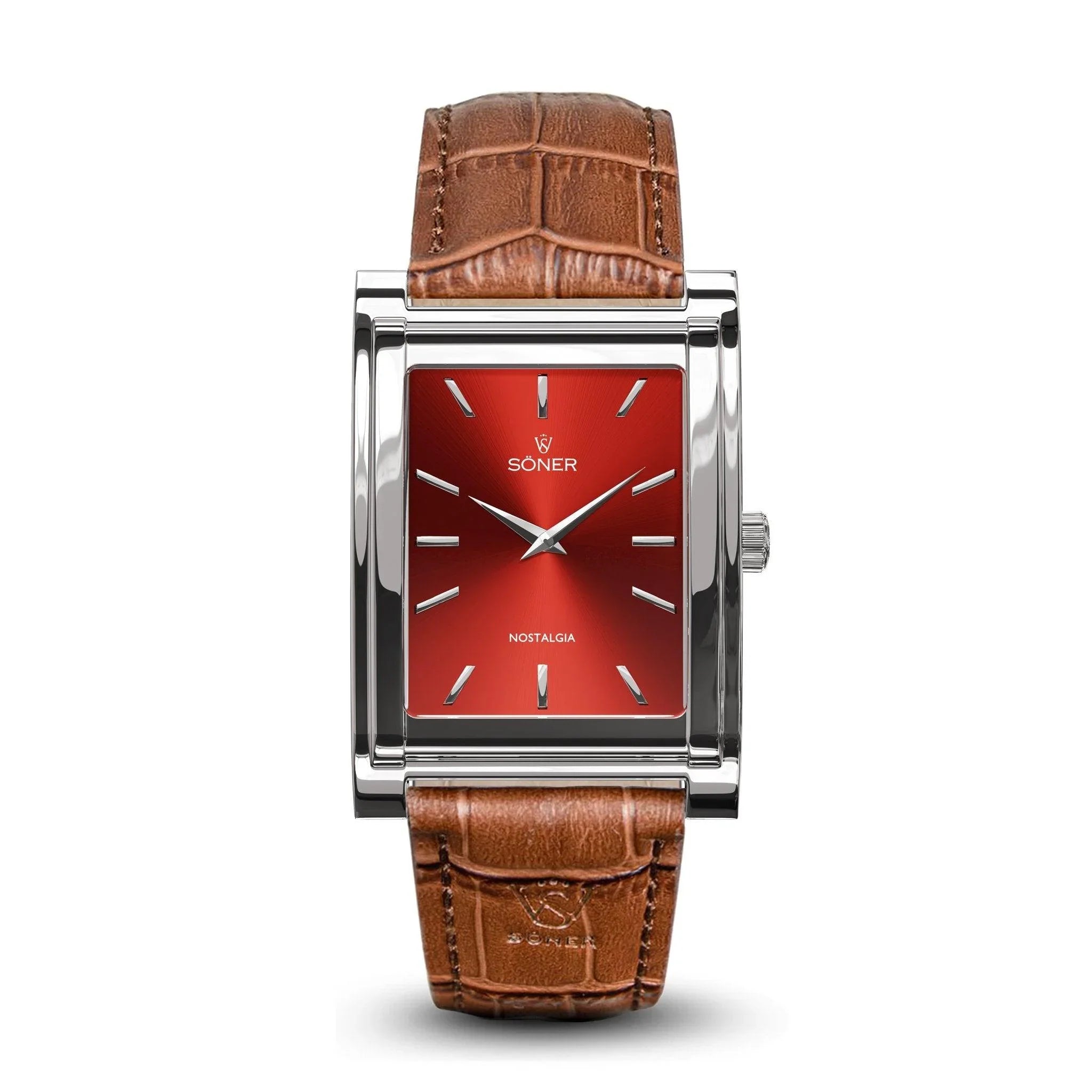 Söner Nostalgia Rome rectangular watch with a polished steel case, maroon sunburst dial, silver indices, and a brown crocodile-embossed leather strap.