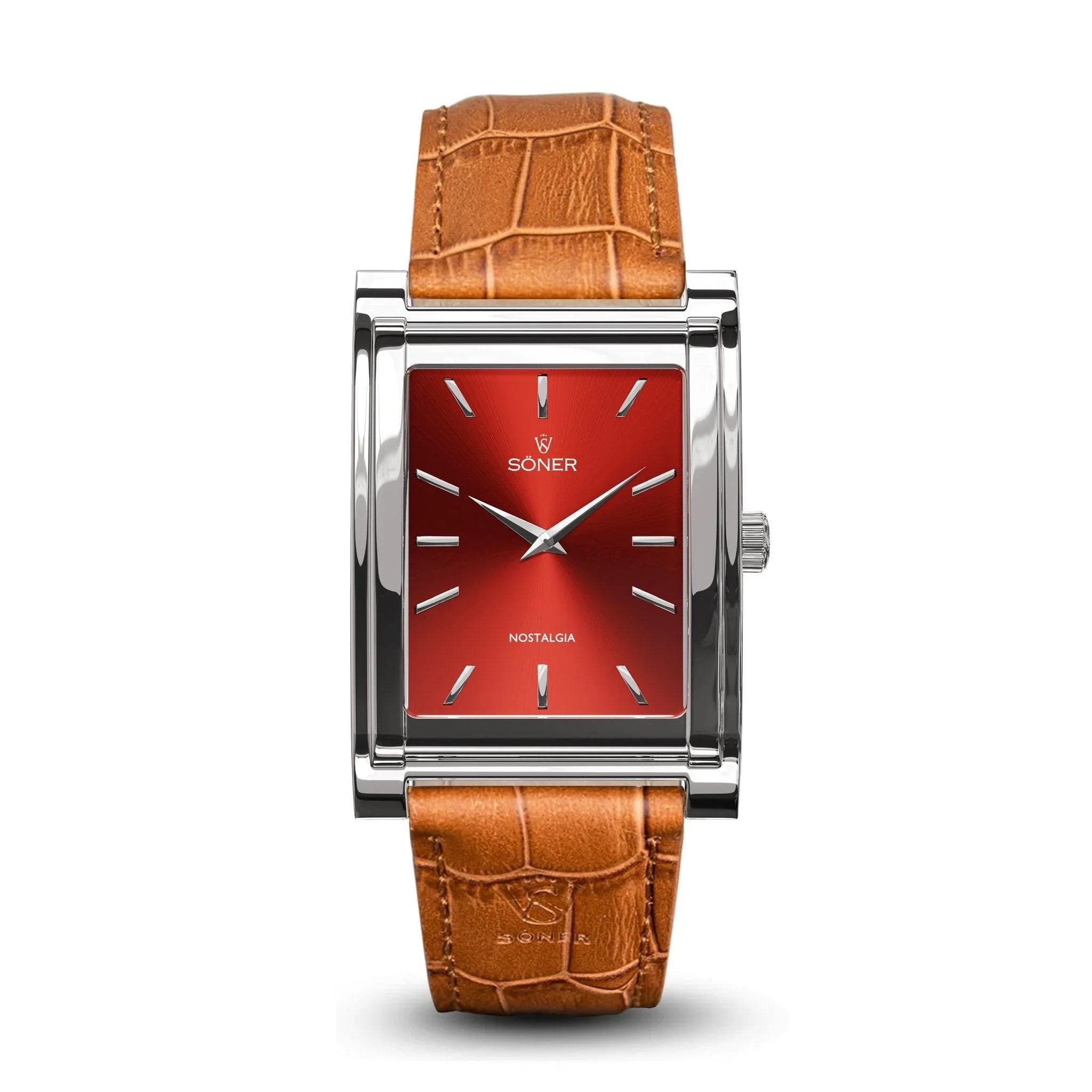Söner Nostalgia Rome rectangular watch with a polished steel case, maroon sunburst dial, silver markers, and a light tan crocodile-embossed leather strap.