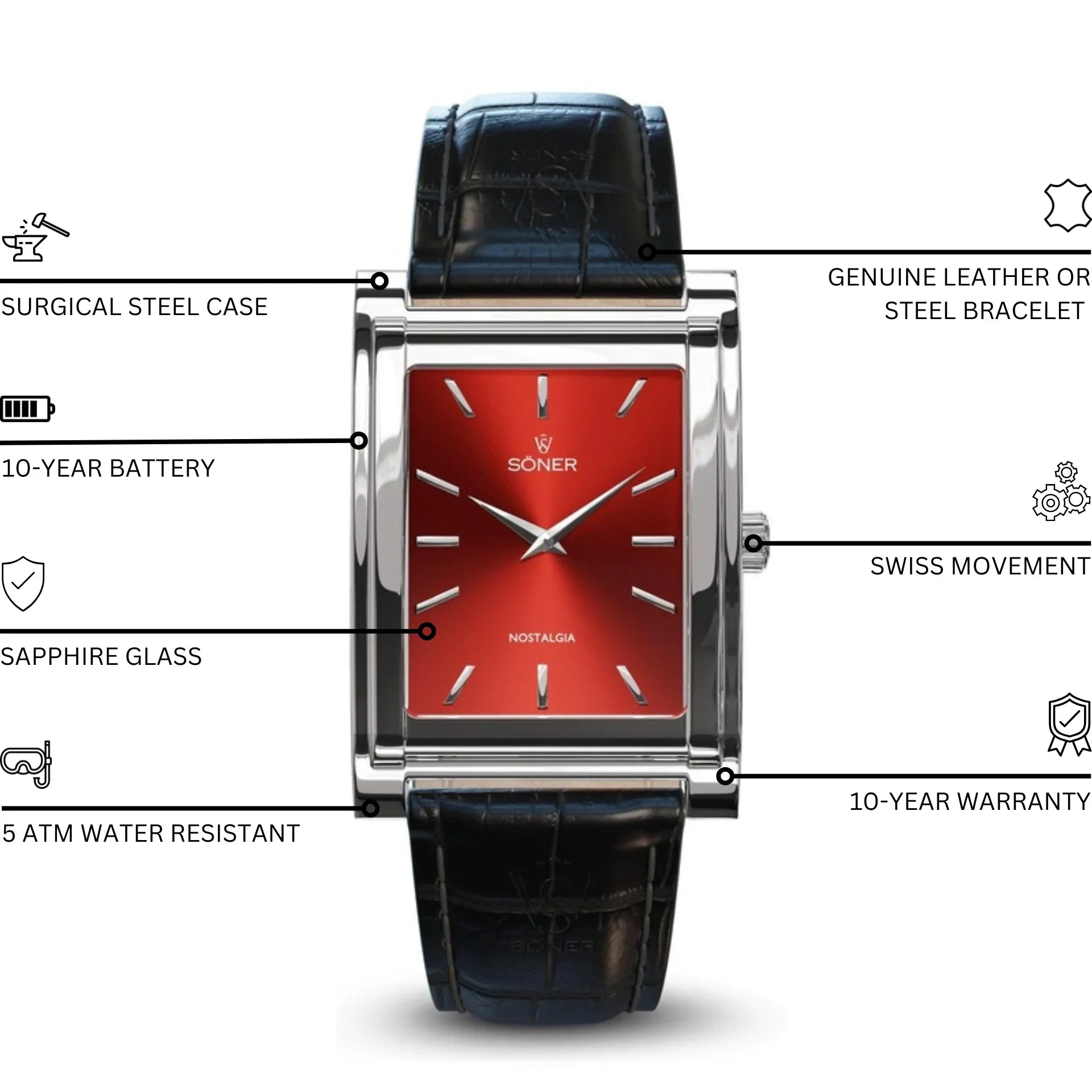 Söner Nostalgia Rome rectangular watch with a maroon sunburst dial, polished surgical steel case, black leather strap, and highlighted features including Swiss movement, sapphire glass, 5 ATM water resistance, 11-year battery, and a 10-year warranty.