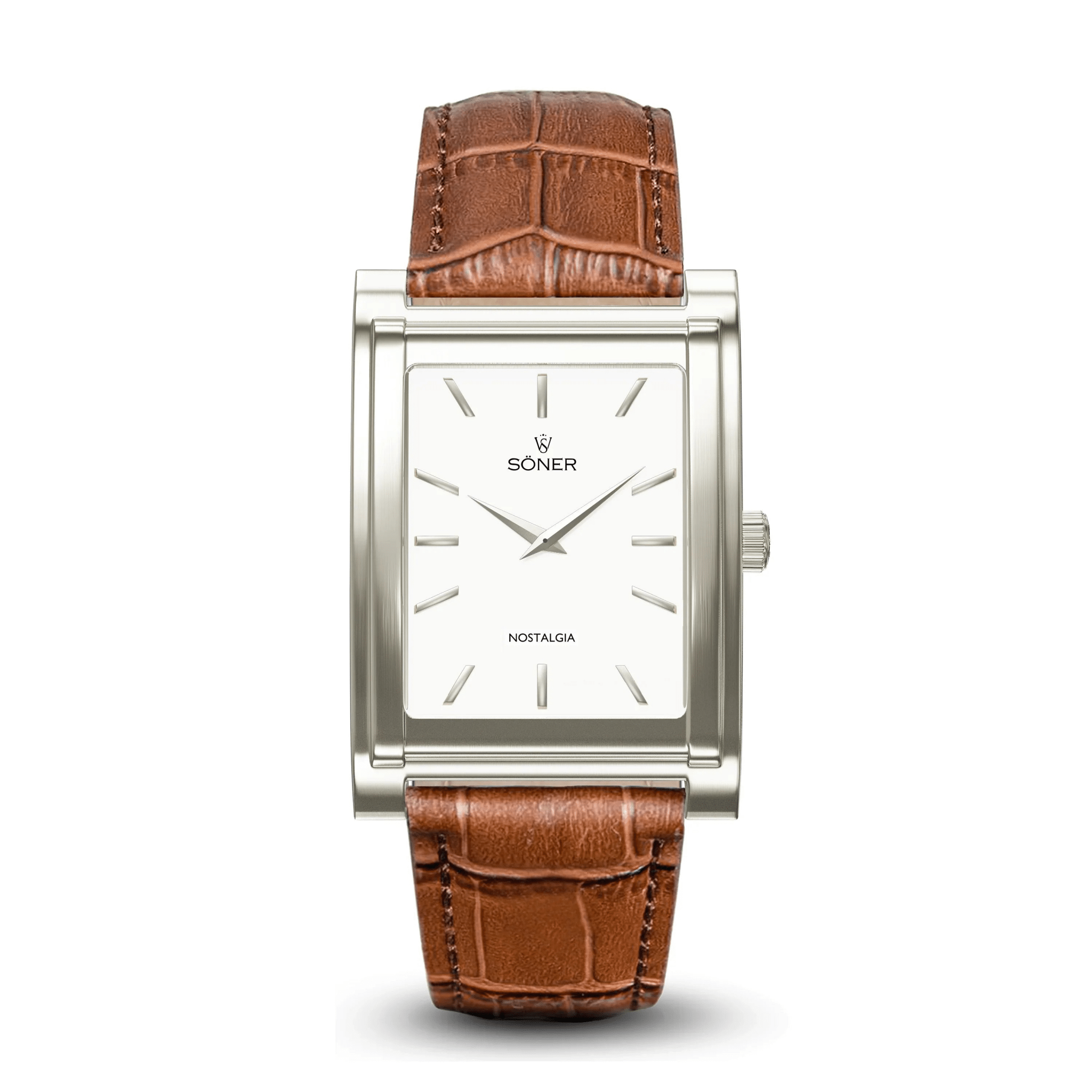 Nostalgia Santiago rectangular watch with a brushed stainless steel case, minimalist white dial, polished indices, and a brown crocodile-pattern leather strap.