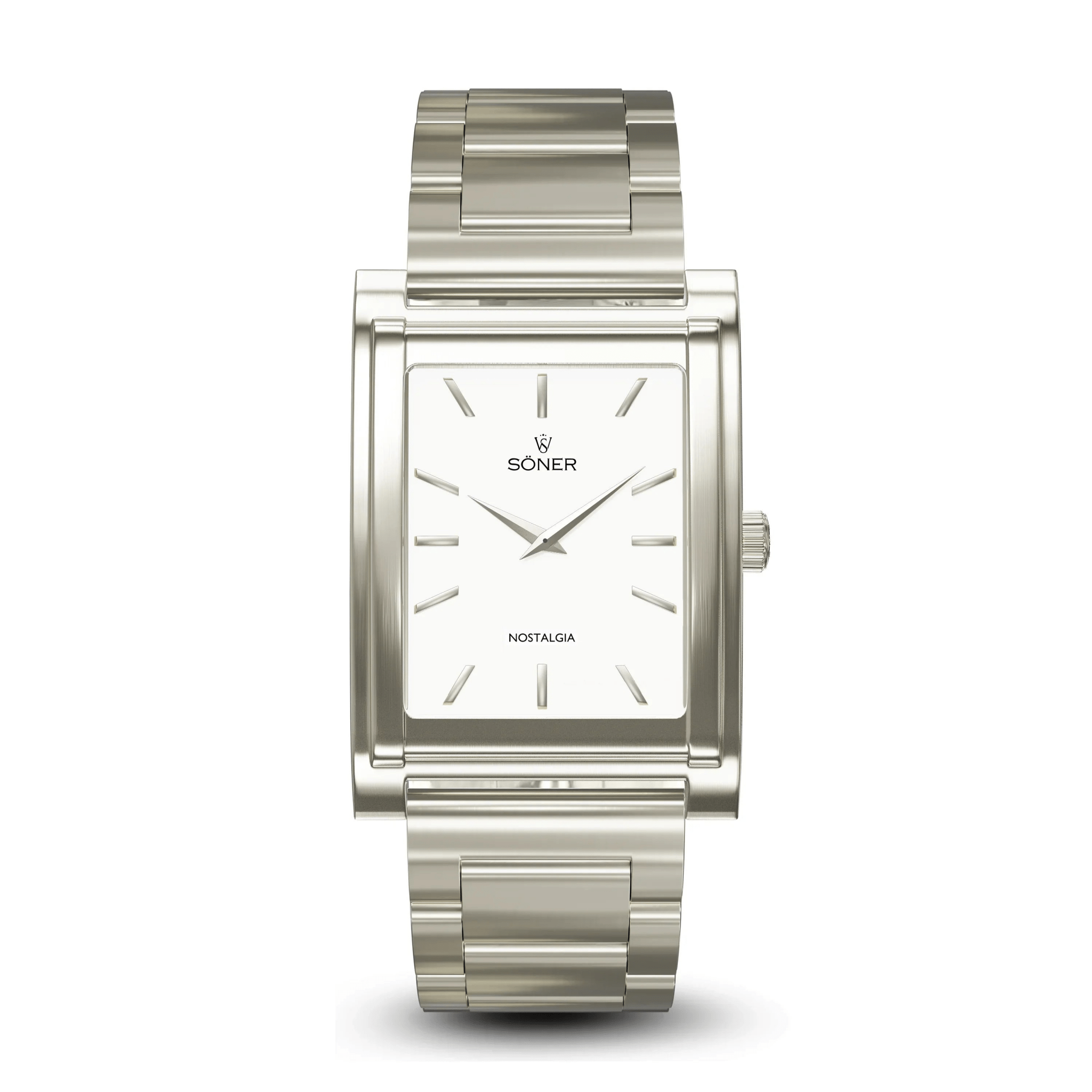 Nostalgia Santiago rectangular watch featuring a brushed stainless steel case, minimalist white dial with polished indices, and a matching stainless steel bracelet.
