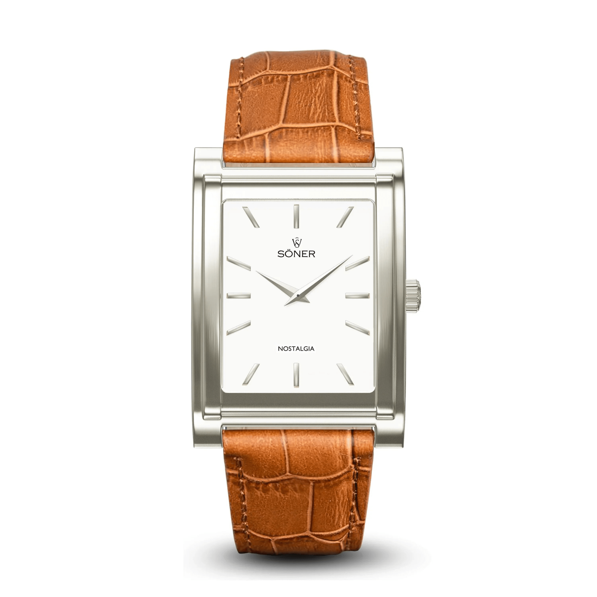 Nostalgia Santiago rectangular watch with a brushed stainless steel case, minimalist white dial, polished indices, and a light brown crocodile-pattern leather strap.