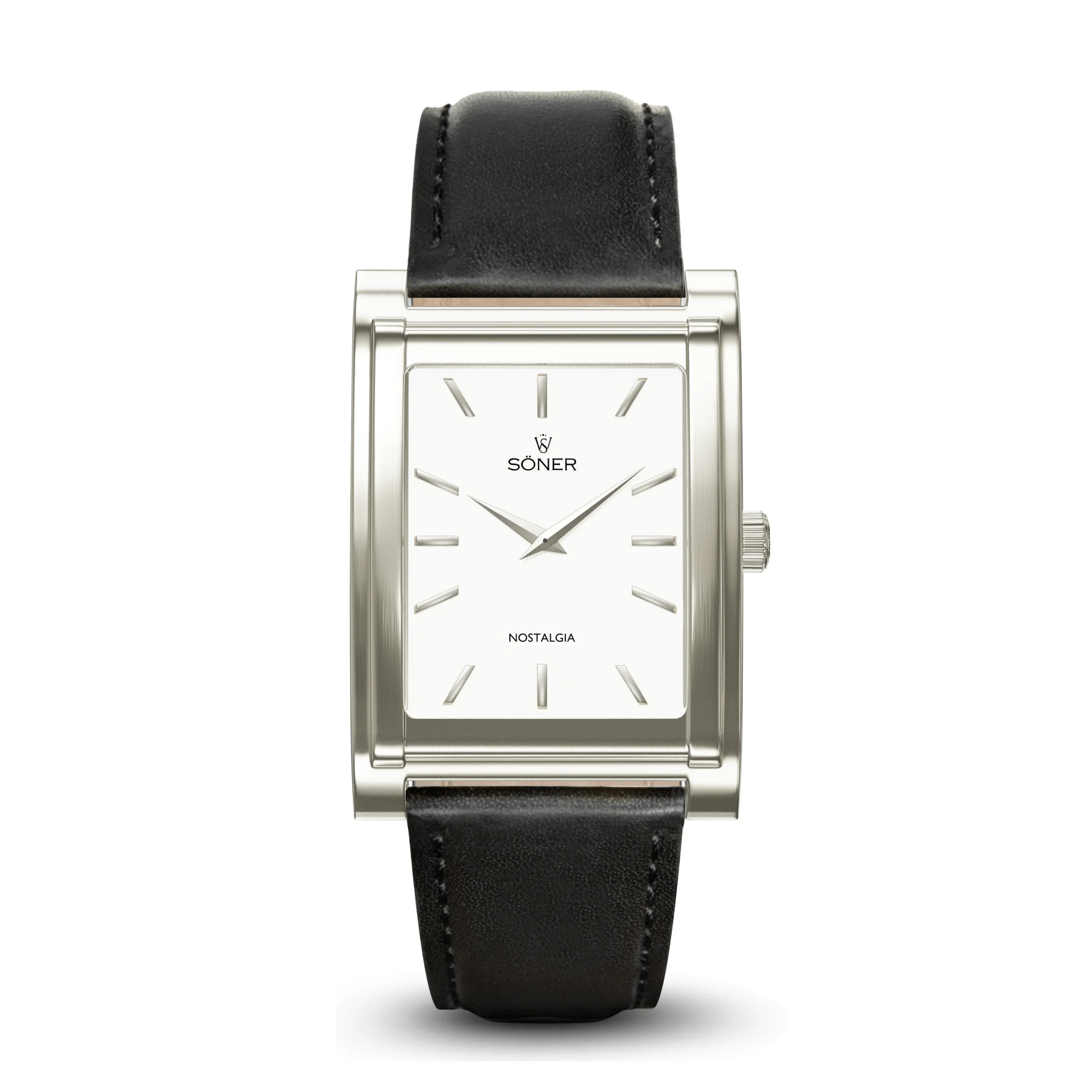 Nostalgia Santiago rectangular watch with a brushed stainless steel case, minimalist white dial, polished indices, and a classic black leather strap.