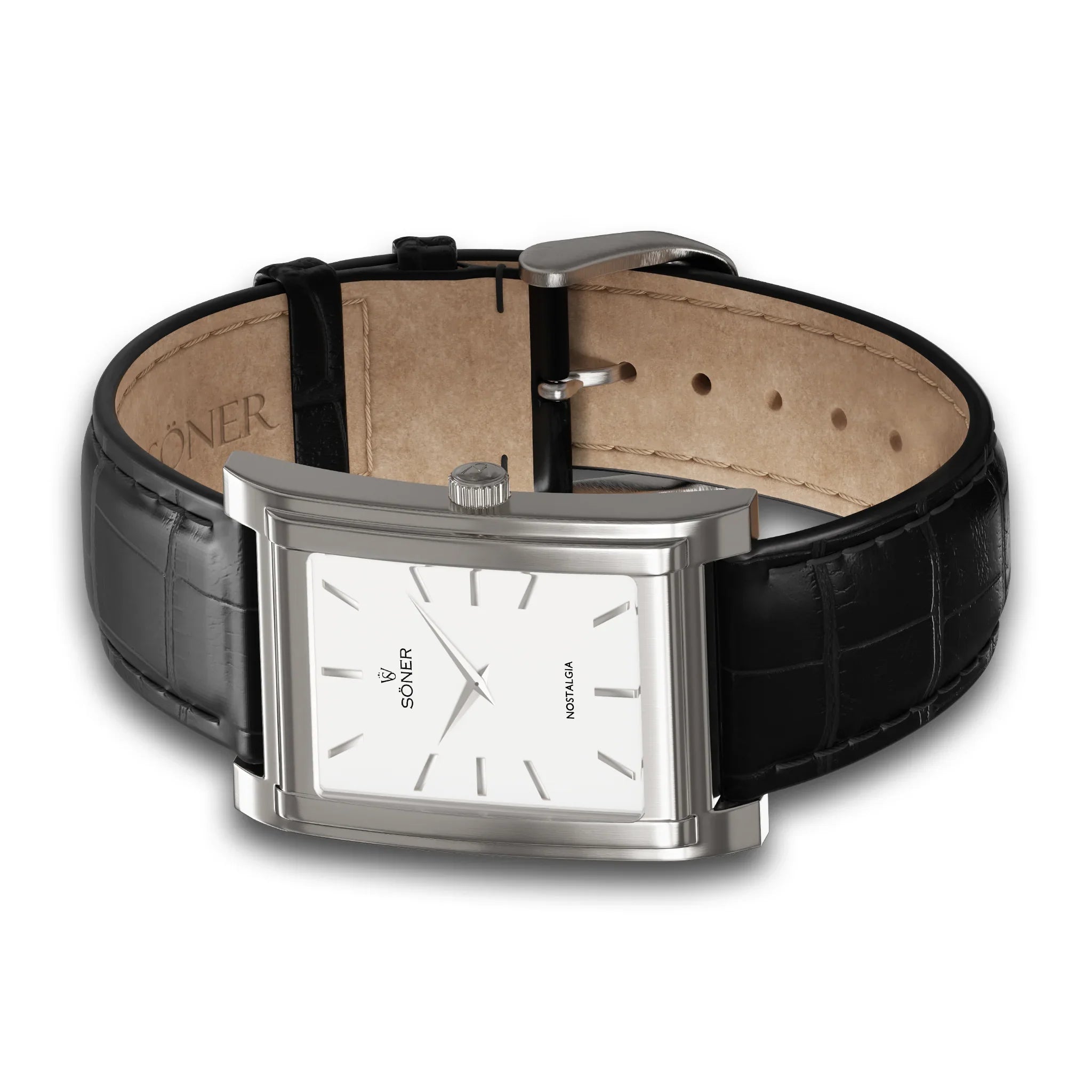 Rectangular Nostalgia Santiago watch with a brushed stainless steel case, minimalist white dial, and a black crocodile-pattern leather strap shown fastened.