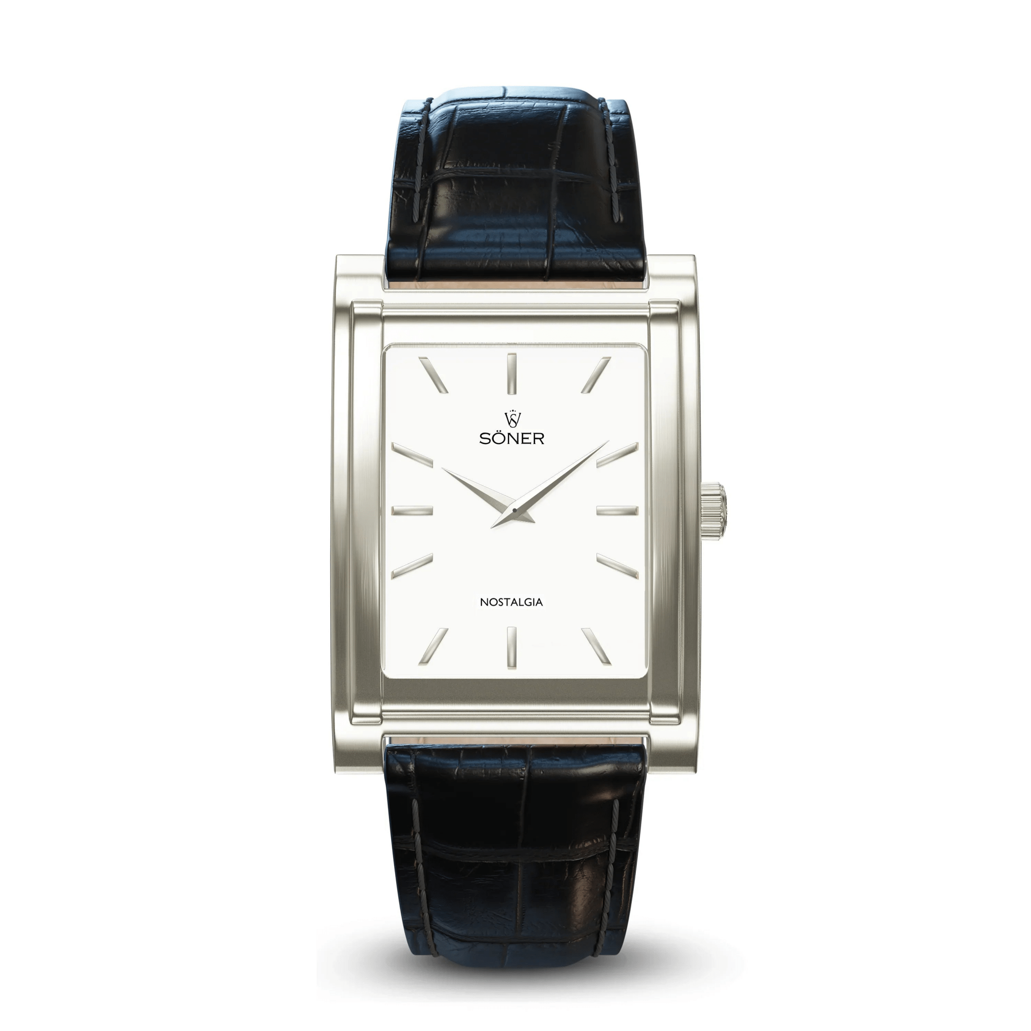 Rectangular brushed stainless steel Nostalgia Santiago watch with a white minimalist dial, polished indices, and a black crocodile-pattern leather strap.
